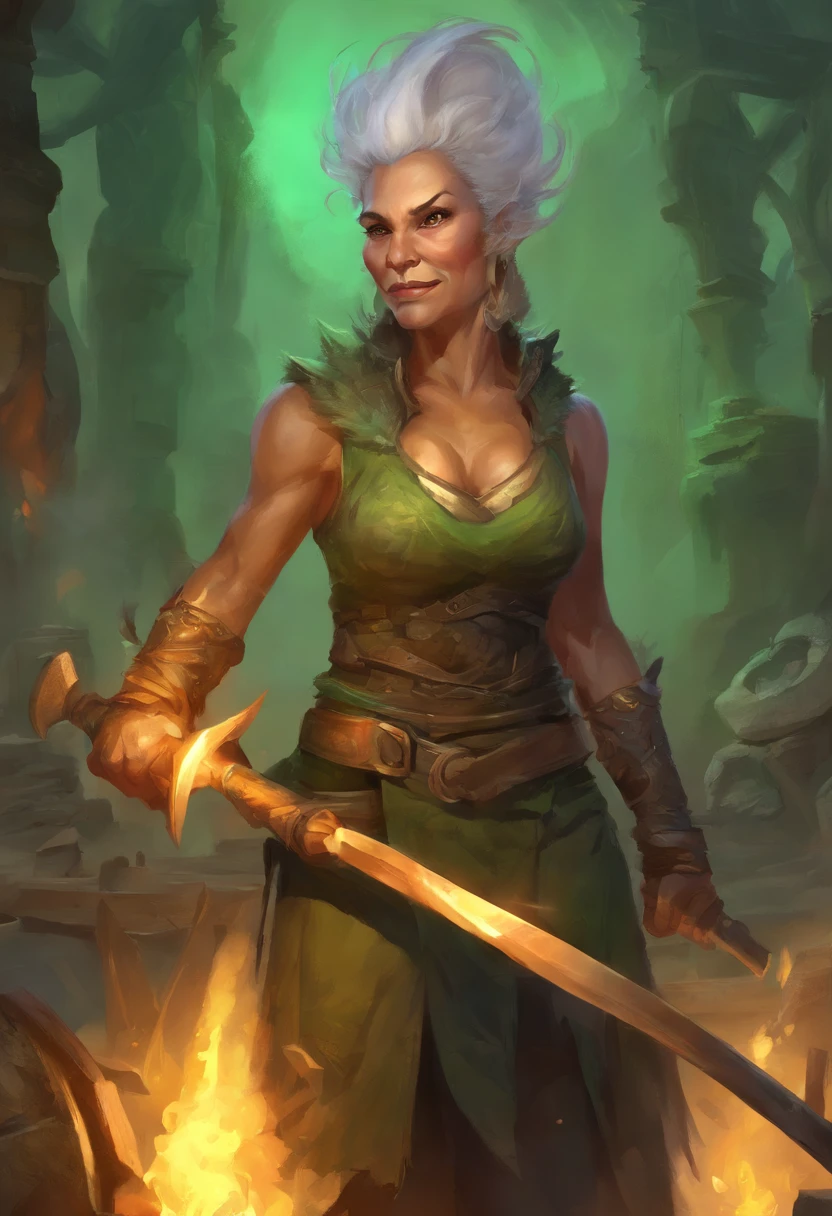 female blacksmith, muscular, female wow orc, green skin, 70 year old grandma, mohawk hair, forge, sweaty, big tusks teeth, Blacksmith Aprons, small boobs