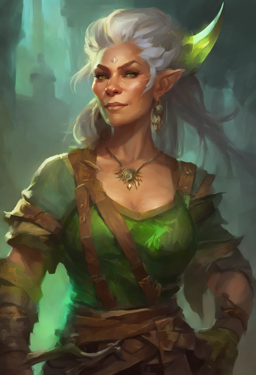 female blacksmith, muscular, female wow orc, green skin, 70 year old grandma, mohawk hair, forge, sweaty, big tusks teeth, Blacksmith Aprons, small boobs