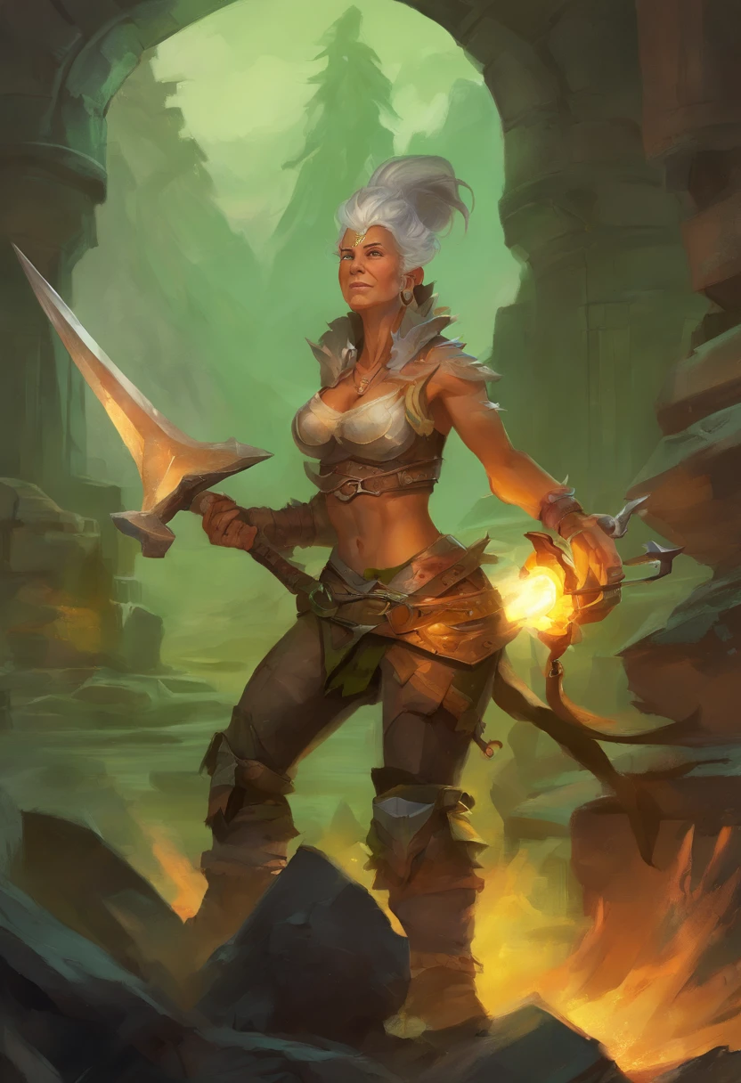 female blacksmith, muscular, female wow orc, green skin, 70 year old grandma, mohawk hair, forge, sweaty, big tusks teeth, Blacksmith Aprons, small boobs