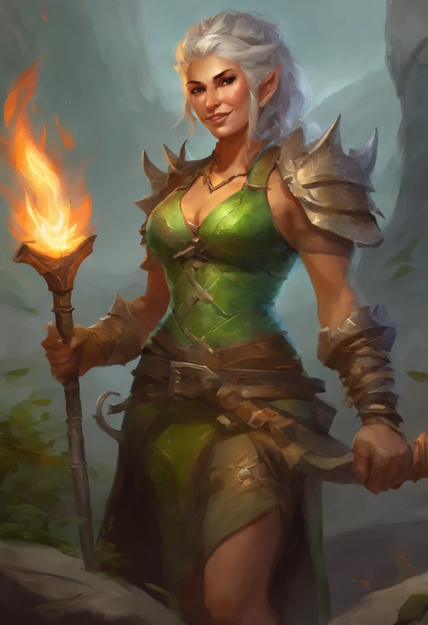 female blacksmith, muscular, female wow orc, green skin, 70 year old grandma, mohawk hair, forge, sweaty, big tusks teeth, Blacksmith Aprons, small boobs