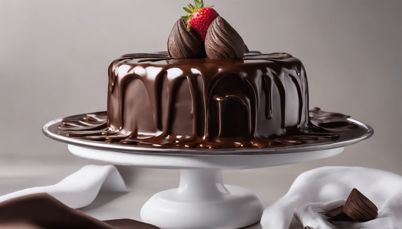 In this image, we zoom in on the intricate process of drizzling glossy chocolate ganache onto the "Bolo de Chocolate Supremo." The scene showcases the chef's hands, captured in motion, as they expertly pour the silky chocolate over the cake's surface. The rich, dark chocolate contrasted against the bright, white backdrop creates a stunning visual effect, emphasizing the precision of the drizzle. The lighting is bright, casting no shadows, ensuring the details of the drizzle are clear and inviting. The camera used is a Canon EOS 5D Mark IV with a macro lens to capture the fine details of the chocolate as it flows. The composition is slightly off-center, with the drizzle starting from the top left corner and gracefully cascading down. The image is in high resolution, allowing viewers to appreciate the artistry in every drop of chocolate.