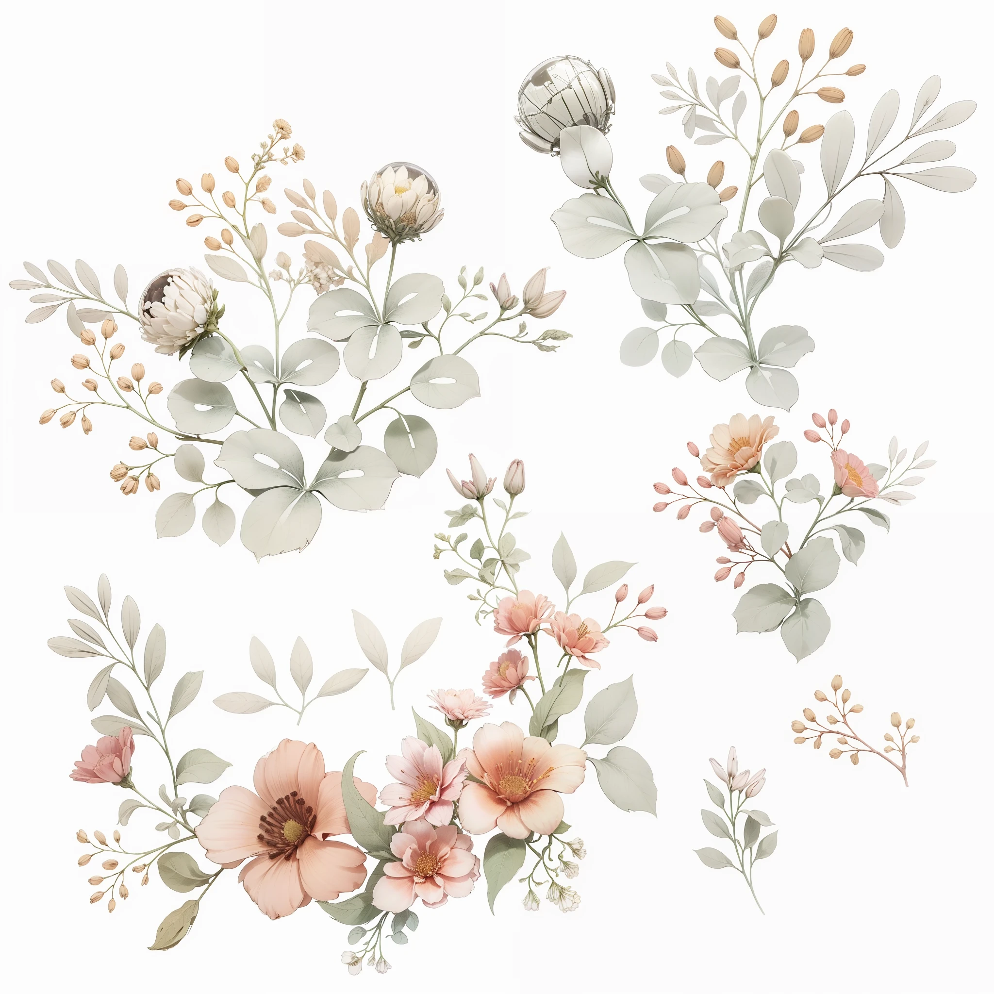 There are four different flowers and leaves on a white background ...