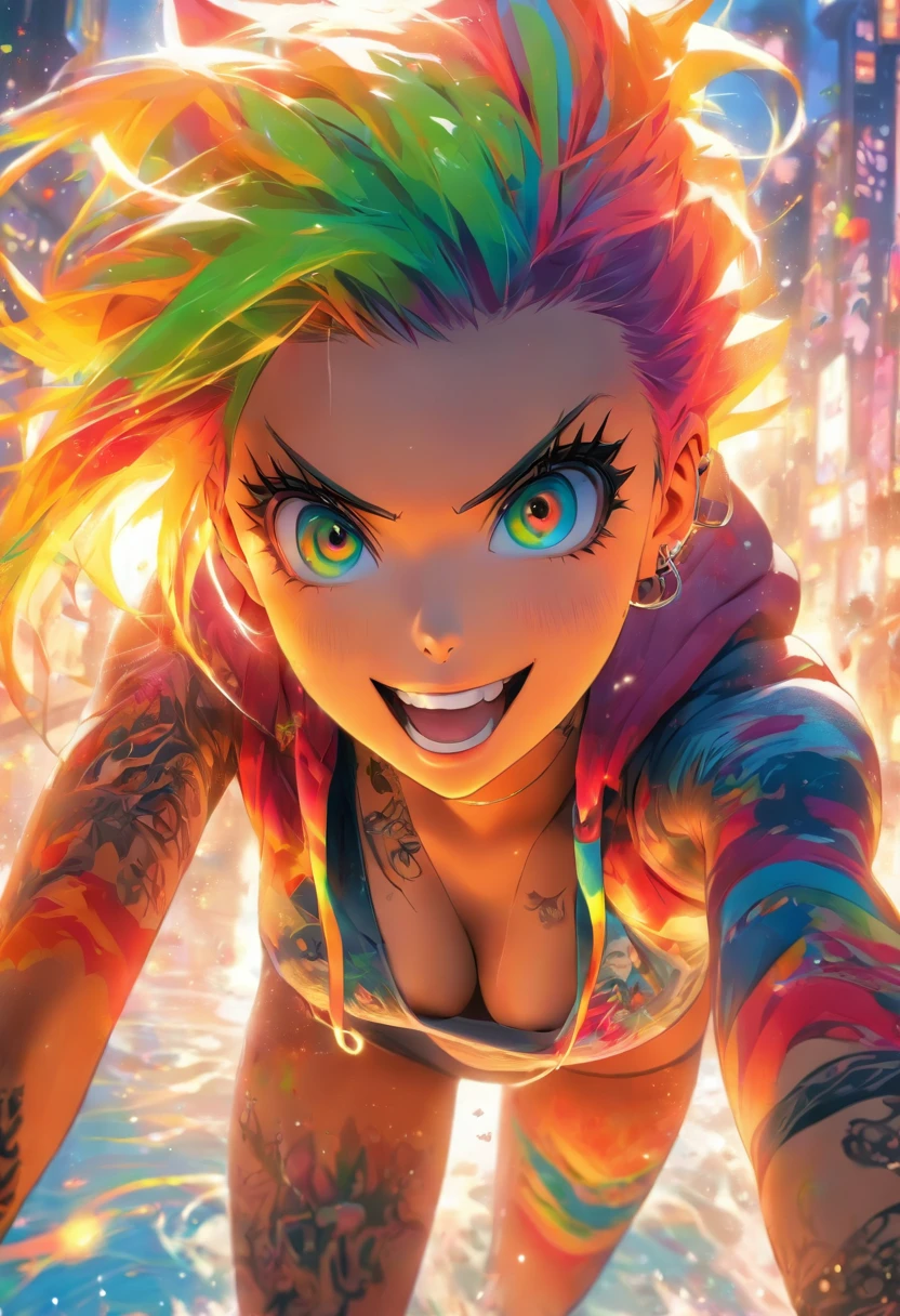 The most beautiful and sexy girl, Rainbow hair, yellow eyes, Wear a hoodie.,swimsuit,open chest, Tons of tattoos and piercings, highly detailed background, The perfect masterpiece, High Quality, high-res