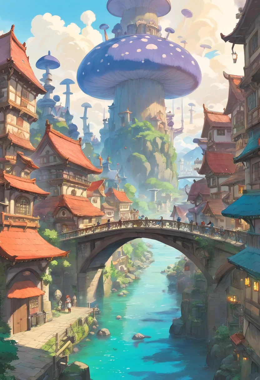 (masterpiece:1.2), extremely intricate details, ff14style, dynamic painting, depicting a bustling city with a majestic bridge spanning wide rivers, surrounded by towering giant mushrooms. The vast landscape bursts with vivid colors