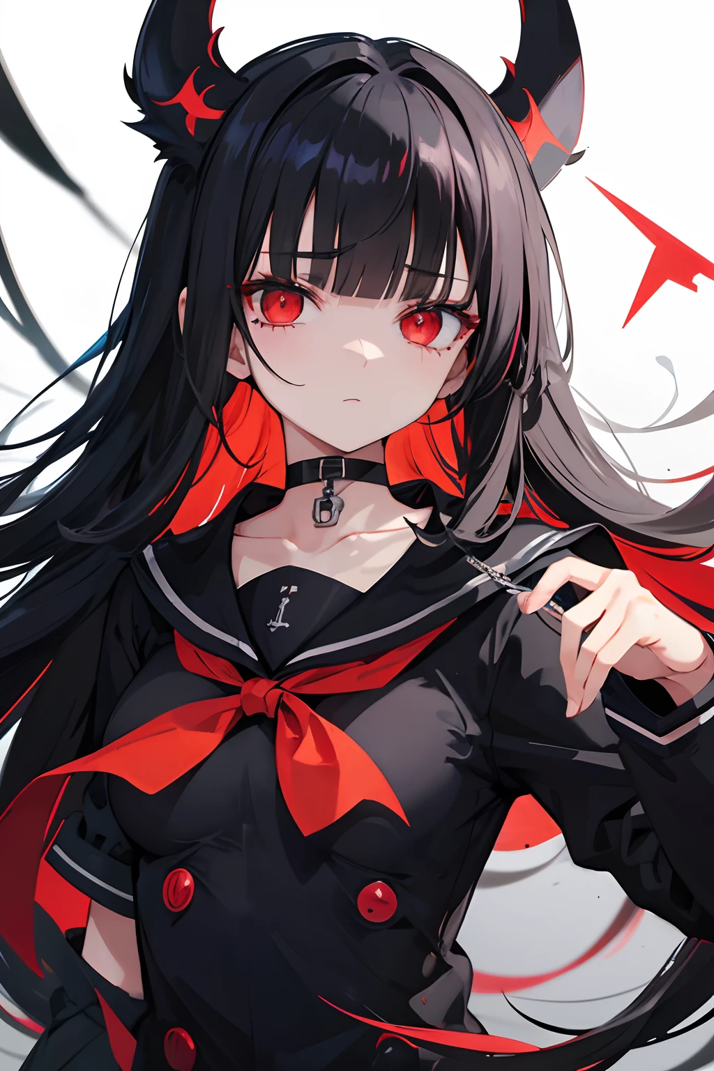 black hair, hair flaps, hime cut, blunt bangs, hair spread out, long hair, anchor choker, goggles, mole under eye, empty eyes, devil pupils, red eyes, yandere, drop shadow, UHD