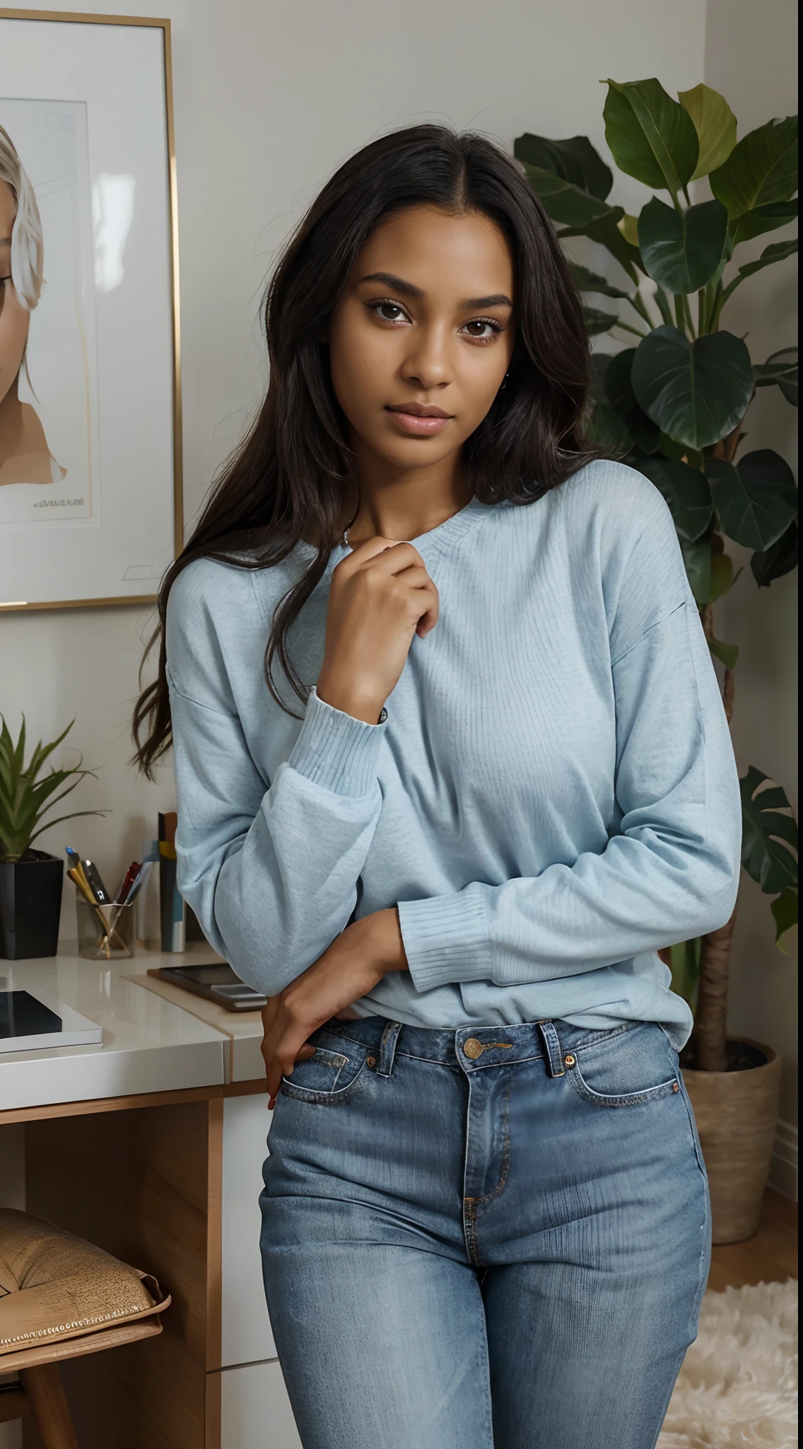 Hyper realistic illustration of a mixed-race woman with dark skin. The woman should be dressed in a nice sweater and light blue jeans. Be sure to capture the minute details of her face, of his hairstyle and clothes, by showcasing her beauty without any nudity. Use realistic skin tones and color shades to make the illustration as accurate as a photograph.