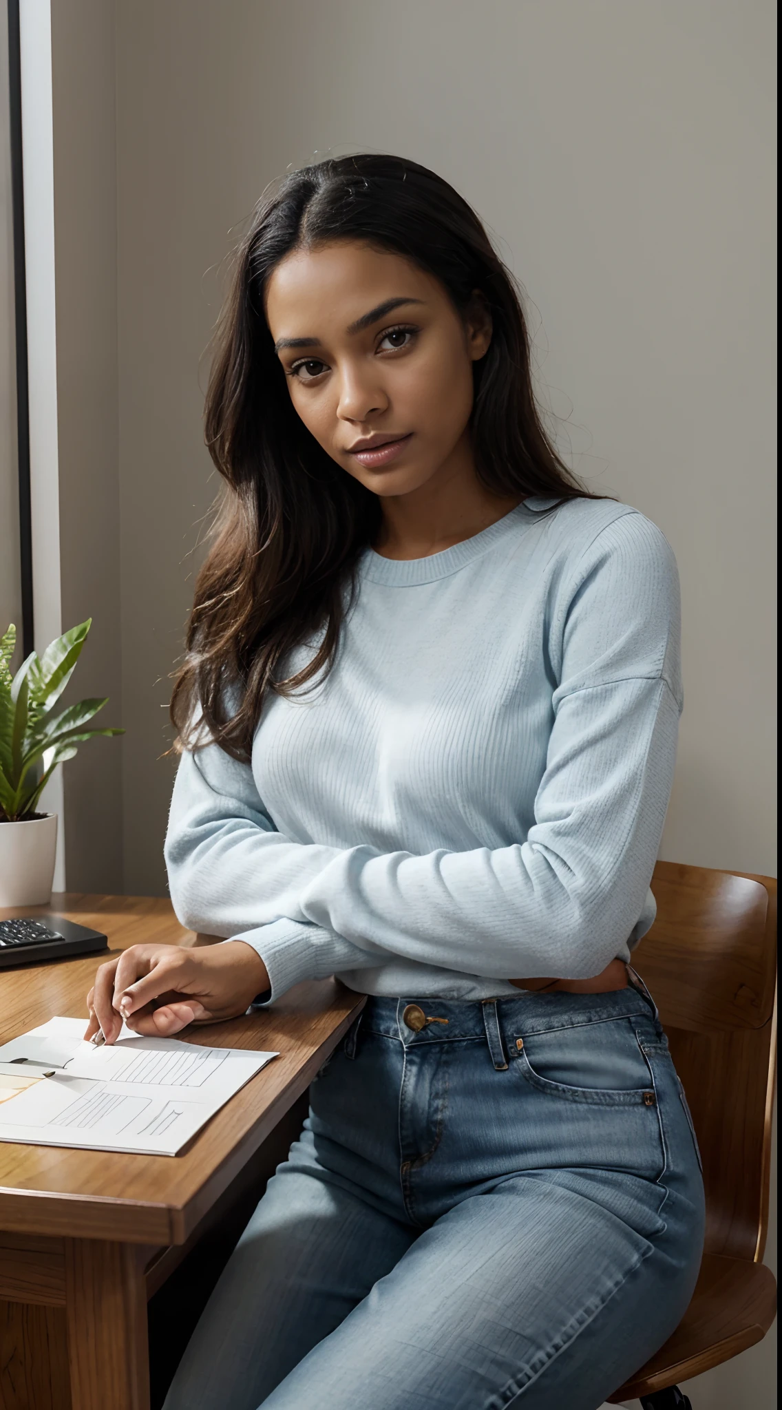 Hyper realistic illustration of a dark-skinned mixed-race woman. The woman should be dressed in a nice sweater and light blue jeans. Be sure to capture every detail of her face, of his hairstyle and clothes, by showcasing her beauty without any nudity. Use realistic skin tones and color shades to make the illustration as accurate as a photograph. Elle sera assise au bureau. Des plantes et un ordinateur seront visibles sur son bureau.