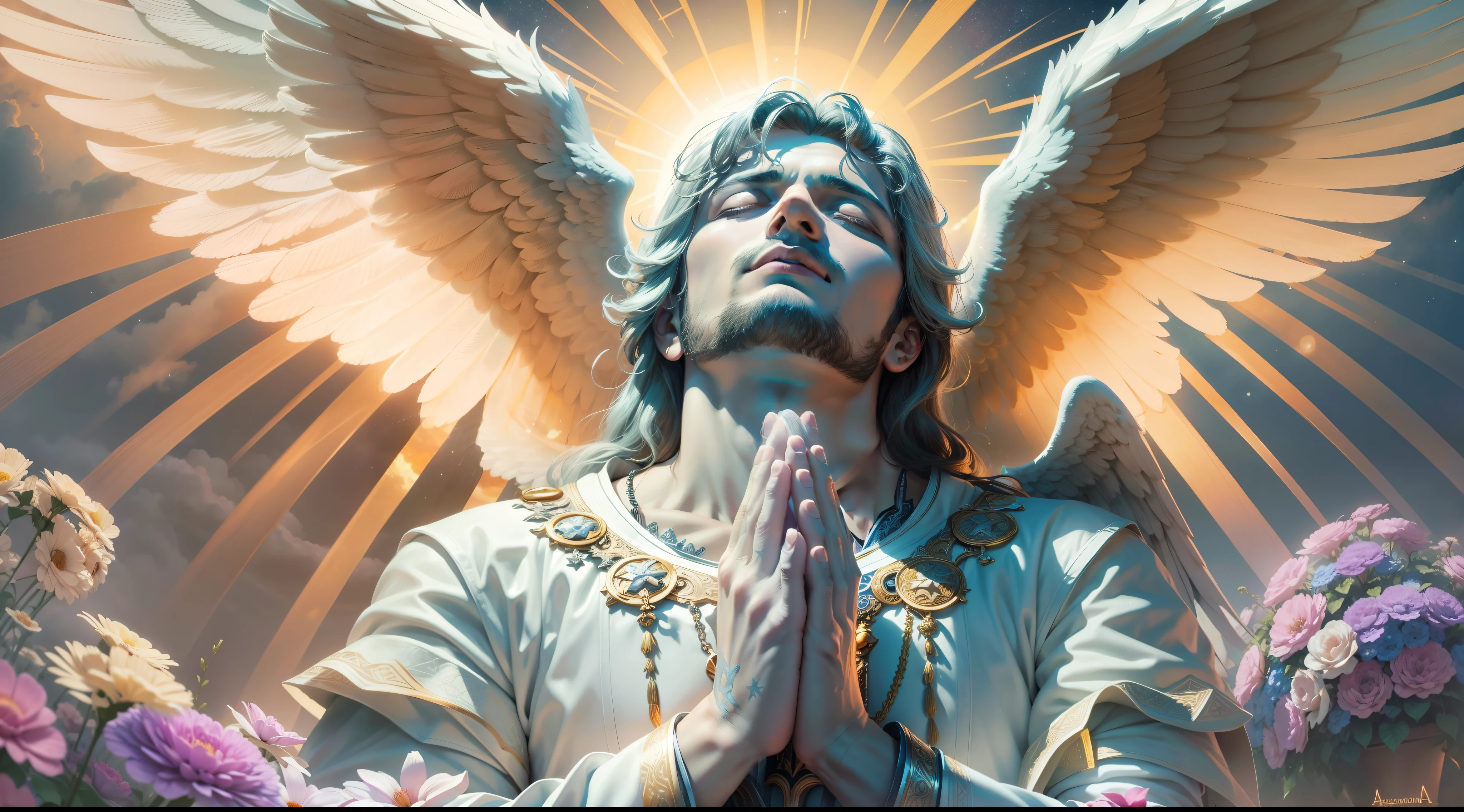 Closeup of an image of a man angel praying and blessing, arcanjo homem com asas grandes, o anjo da fortuna, perfeito, Reslistic, Biblical setting, celestial scenery, sol e nuvens ultras realistas, flores e velas, illuminated archangel of heaven, Passes in the background, flores coloridas, velas acesas