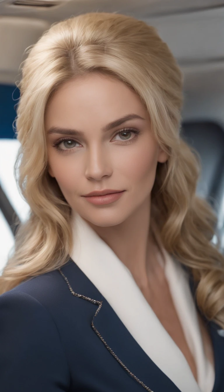 (melhor qualidade, Realistic, Altas:1.2), ultra-detalhado, blonde hair, belos olhos azuis detalhados, pele clara e bronzeada, pernas longas e brancas, standingn, salto alto, curly hair, Wearing a flight attendant costume, on a plane, tiro de corpo inteiro