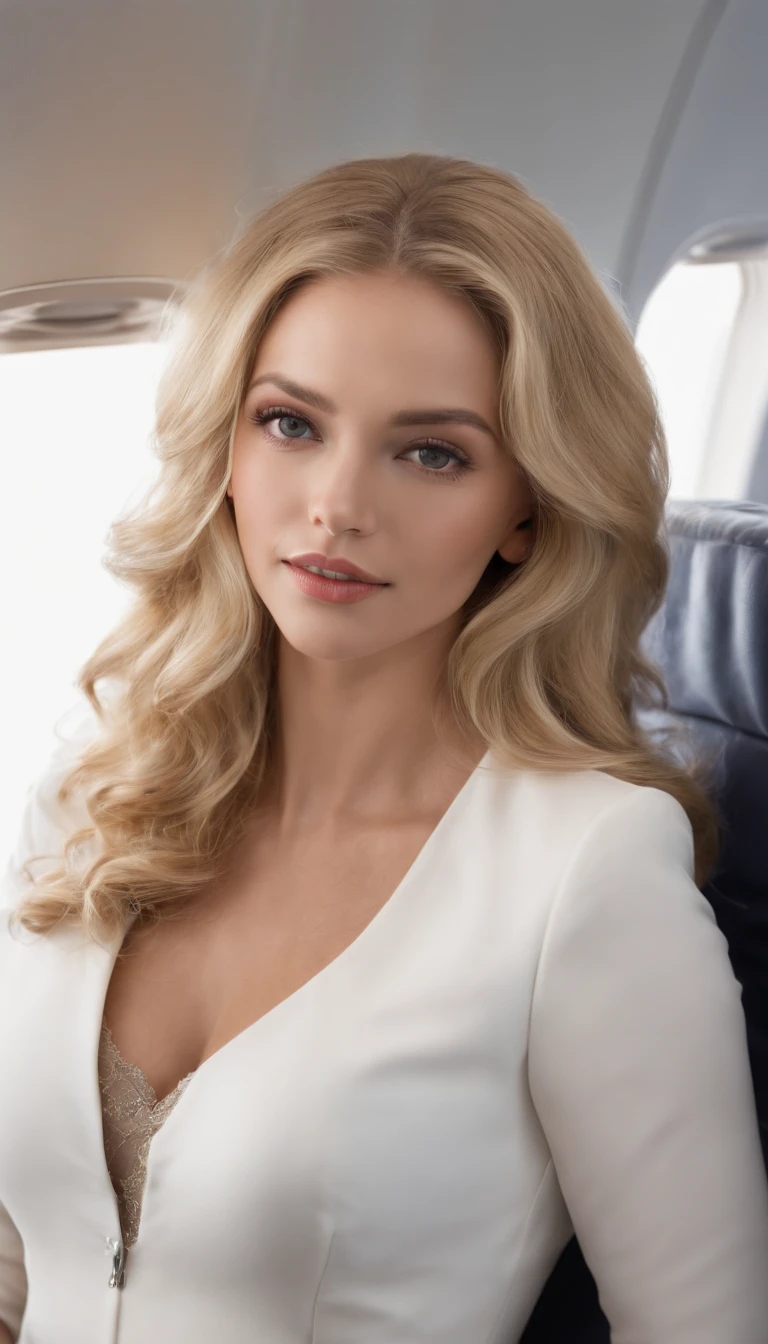 magnifique blonde, Sitting in a private jet, avec un corps parfait, in underwear with a cleavage and a big chest, Champagne in hand, longs cheveux blonds, gros seins, yeux bleus, High Details, photoreallistic