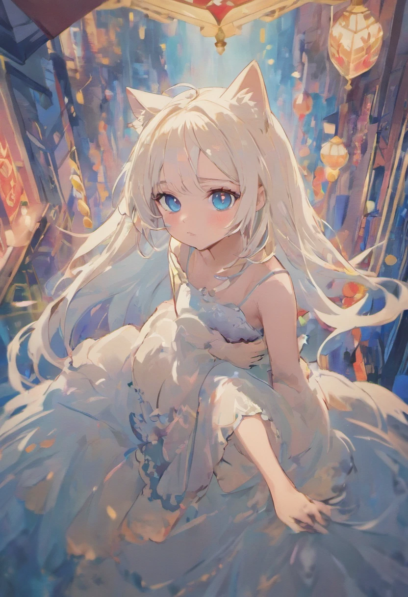 (best quality:1.2,highres,ultra-detailed),cartoon cat,blue eyes,white hair,nude,cute-style,playful expression,curious pose,clean background,soft shadows,vivid colors,whimsical patterns,delicate fur texture