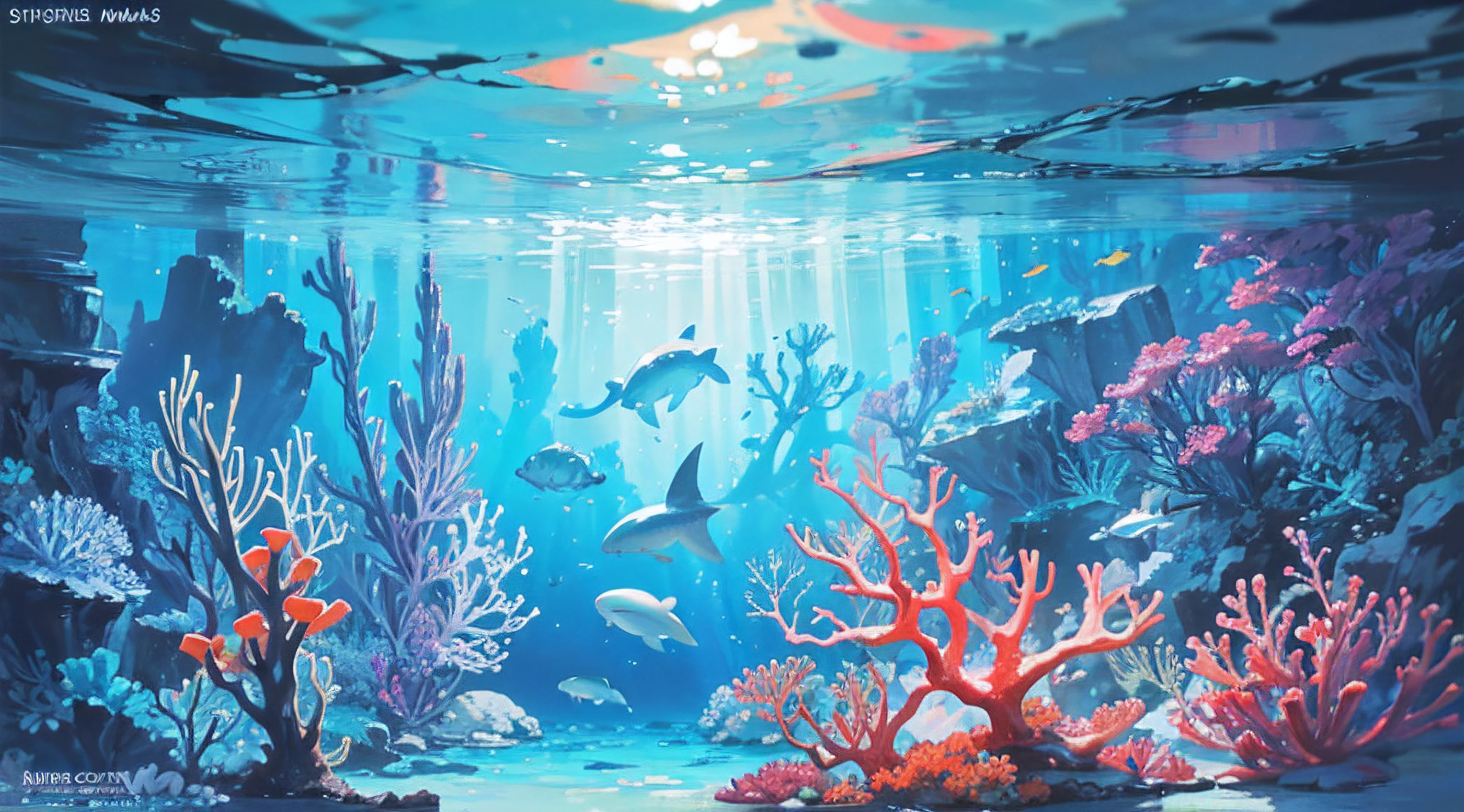 underwater scene, vibrant coral reef, tropical fish swimming, sunlight streaming through water, sparkling ocean waves, colorful marine life, schools of fish, graceful sea turtles, shimmering seashells, graceful movement, serene tranquility, ethereal beauty, vivid colors, photorealistic details, ocean depths, crystal clear clarity, mesmerizing undersea world, enchanting underwater flora, mysterious shadows, gentle currents, hidden treasures, shimmering reflections, delicate sea anemones, intricate seabed, soft sand, graceful seaweed swaying, playful dolphins, exotic creatures, peaceful ambiance, vibrant marine ecosystem, surreal underwater landscape, sparkling bioluminescence, peaceful silence, magical underwater adventure. (best quality, highres, ultra-detailed:1.2), HDR lighting, vivid color palette.