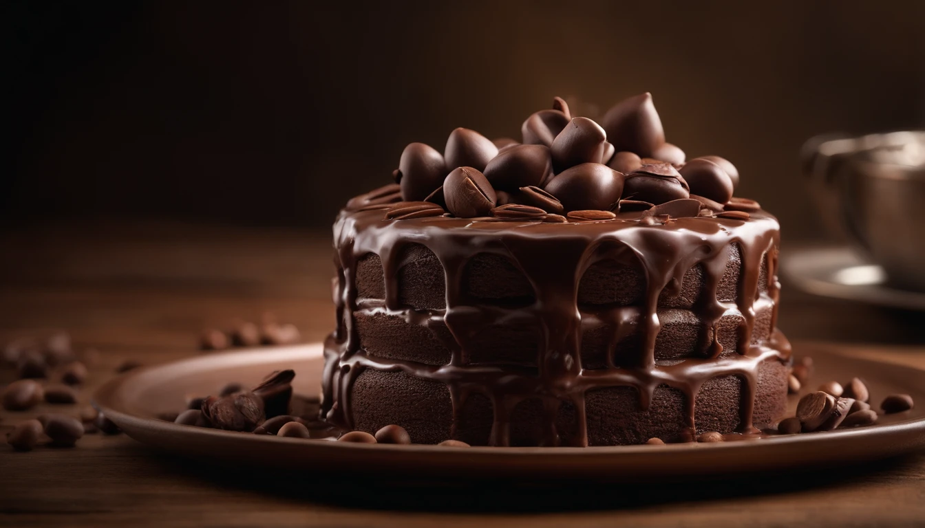 Nesta imagem, ampliamos o intrincado processo de regar ganache de chocolate brilhante no "Bolo de Chocolate Supremo." The scene shows the chef's hands, capturado em movimento, while expertly pouring the silky chocolate over the surface of the cake. os ricos, chocolate amargo contrastado com o brilhante, fundo branco cria um efeito visual impressionante, Emphasizing drizzle accuracy. The lighting is bright, sem sombras, garantir que os detalhes da garoa sejam claros e convidativos. The camera used is a Canon EOS 5D Mark IV with a macro lens to capture the fine details of the chocolate as it flows. The composition is slightly off-center, with the drizzle starting from the top left and gracefully cascading down. Image is in high resolution, permitindo que os espectadores apreciem a arte em cada gota de chocolate.
