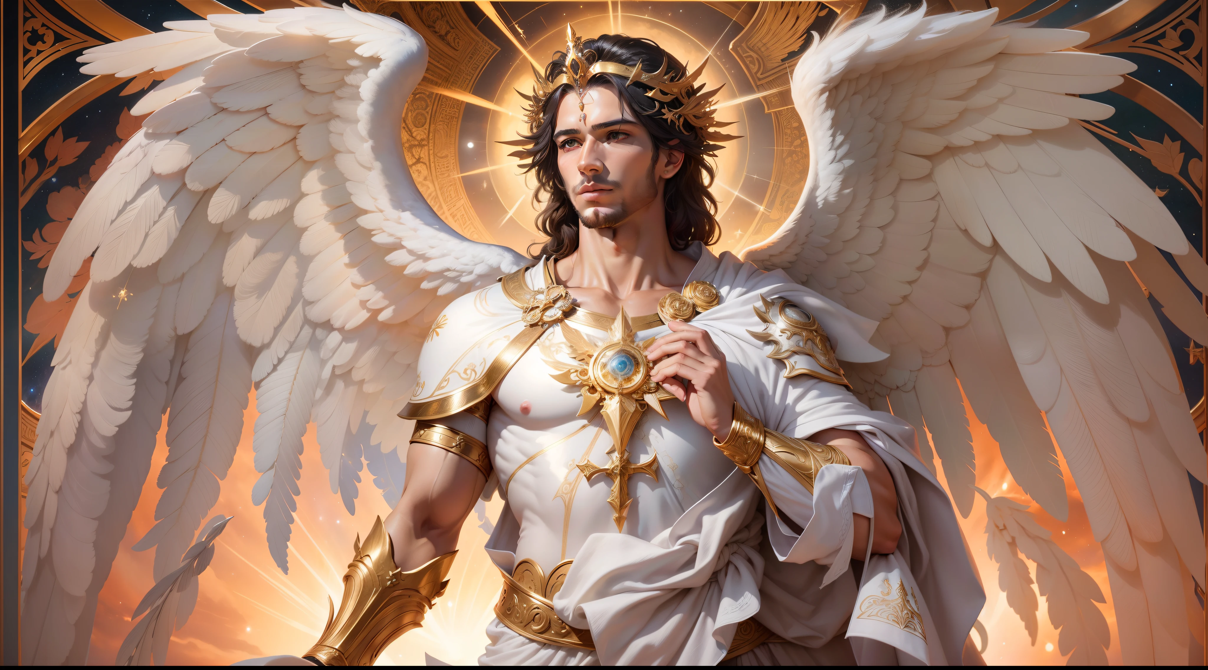 um personagem masculino bonito meia idade, o arcanjo Miguel, imagem celestial, detalhes intricados, realista, asas ROSAS e grandes, fundo angelical, Catholic illustrative image of the archangel Michael, Male character of the Bible, Michael is wearing his angelic armor, cosmic background, Illumination in the Archangel and in the background, imagem do corpo todo do anjo, Maximum detail and his angelic face and wings, pele perfeita realista, Maximum image quality, Miguel ele esta destacado na imagem com cores fortes e chamativas, asas grandes