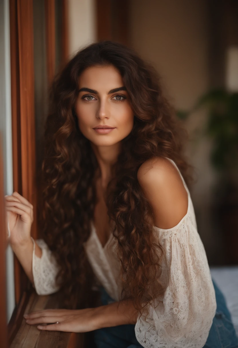 Arafed mujer en la calle, brown eyes, long curly brown hair, desordenado y ojos grandes, Ojos del dormitorio