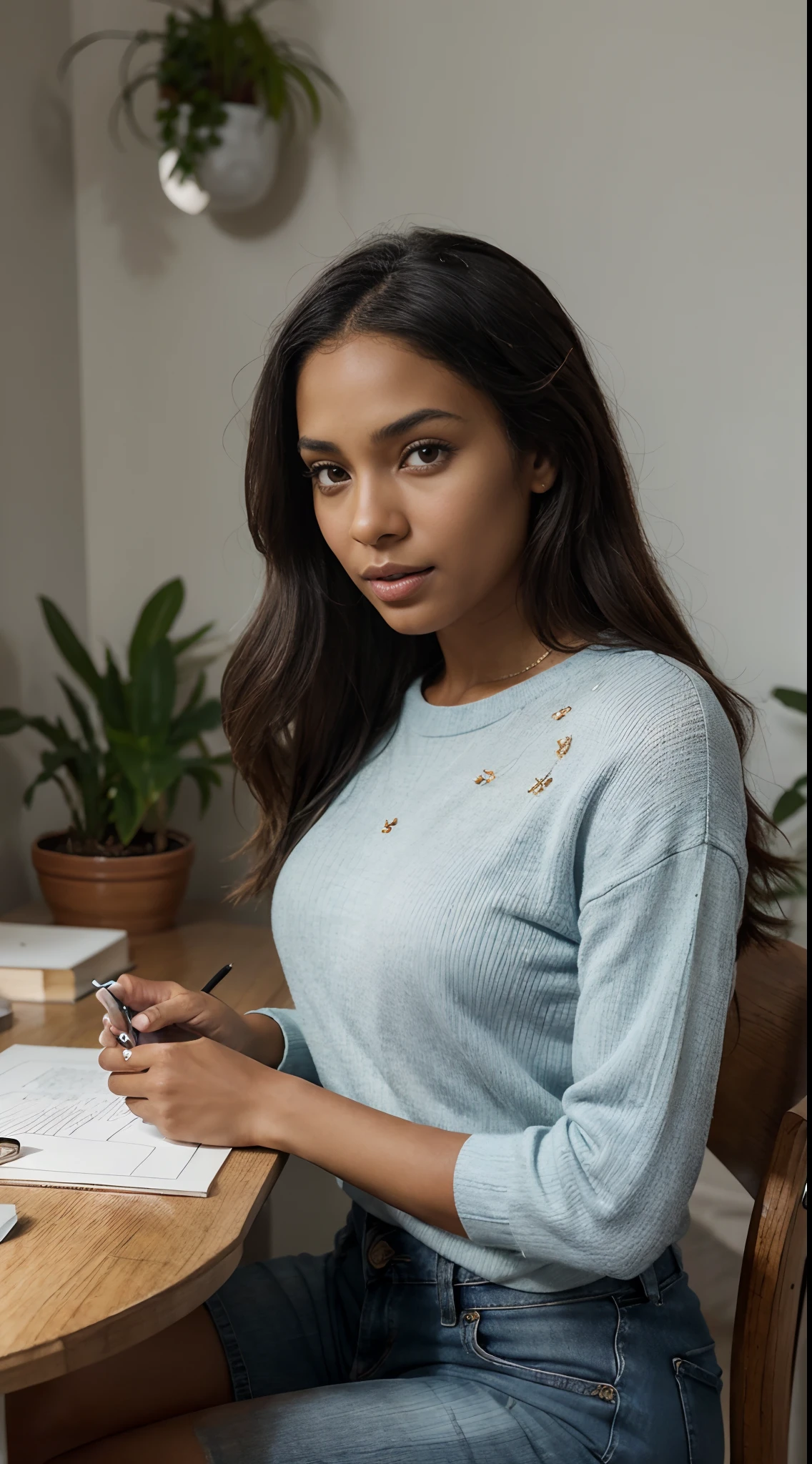 Hyper realistic illustration of a dark-skinned mixed-race woman. The woman should be dressed in a nice sweater and light blue jeans. Be sure to capture every detail of her face, of his hairstyle and clothes, by showcasing her beauty without any nudity. Use realistic skin tones and color shades to make the illustration as accurate as a photograph. Elle sera assise au bureau. Des plantes et un ordinateur seront visibles sur son bureau.