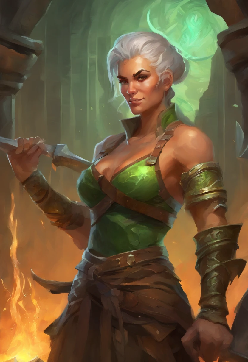female blacksmith, muscular, female dnd orc, green skin, 70 year old grandma, mohawk hair, forge, sweaty, big tusks teeth, Blacksmith Aprons, small boobs