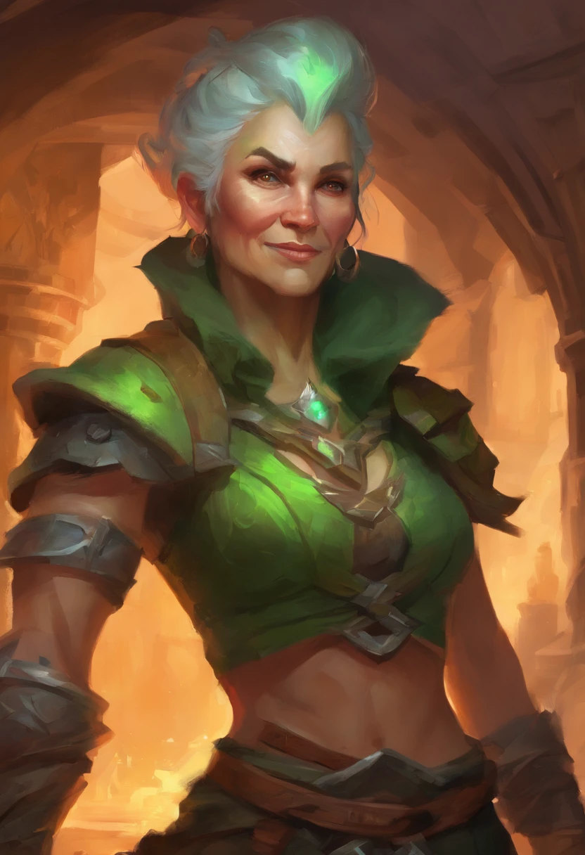 female blacksmith, muscular, female dnd orc, green skin, 70 year old grandma, mohawk hair, forge, sweaty, big tusks teeth, Blacksmith Aprons, small boobs