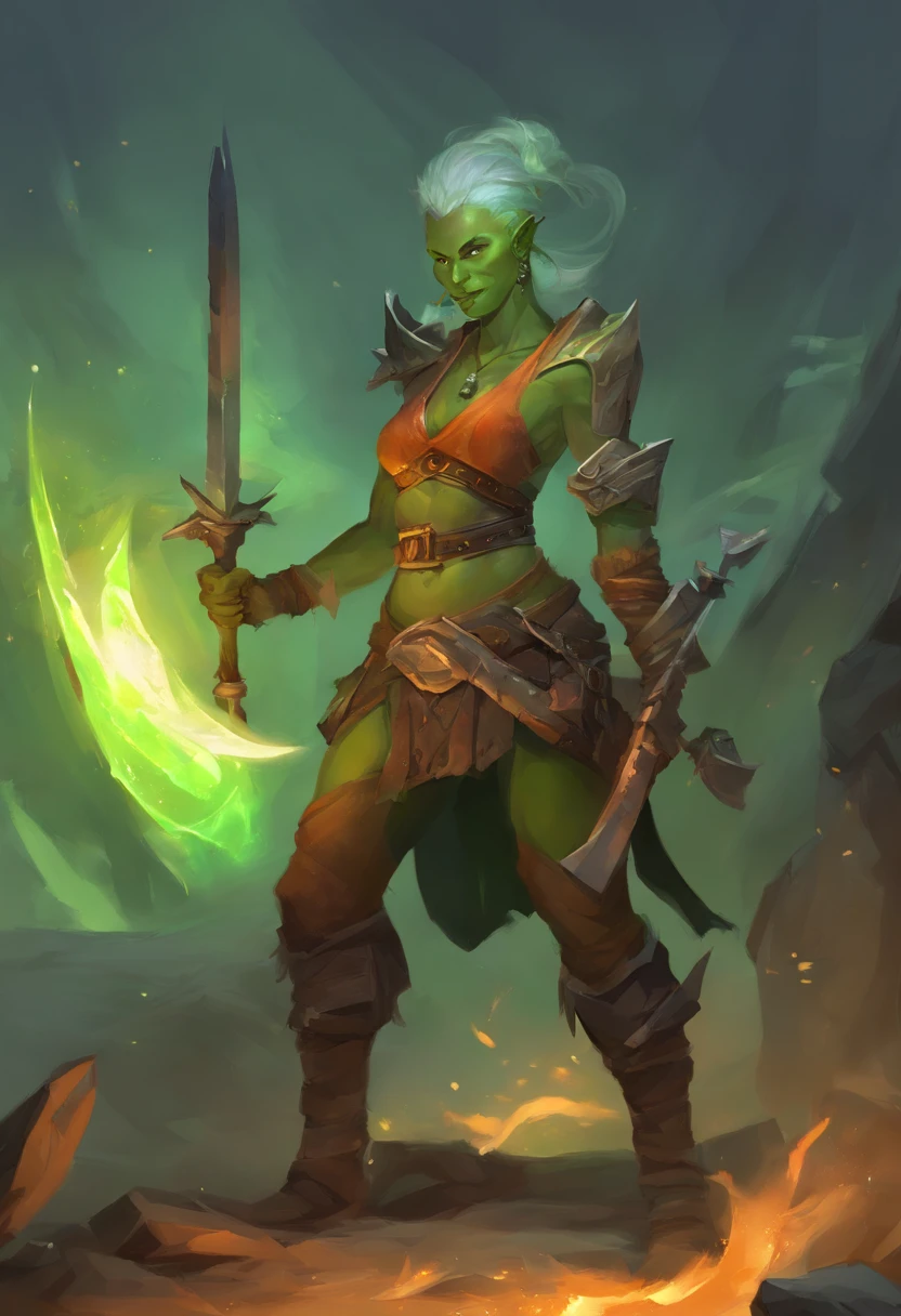 female blacksmith, muscular, female dnd orc, green skin, 70 year old grandma, mohawk hair, forge, sweaty, big tusks teeth, Blacksmith Aprons, small boobs