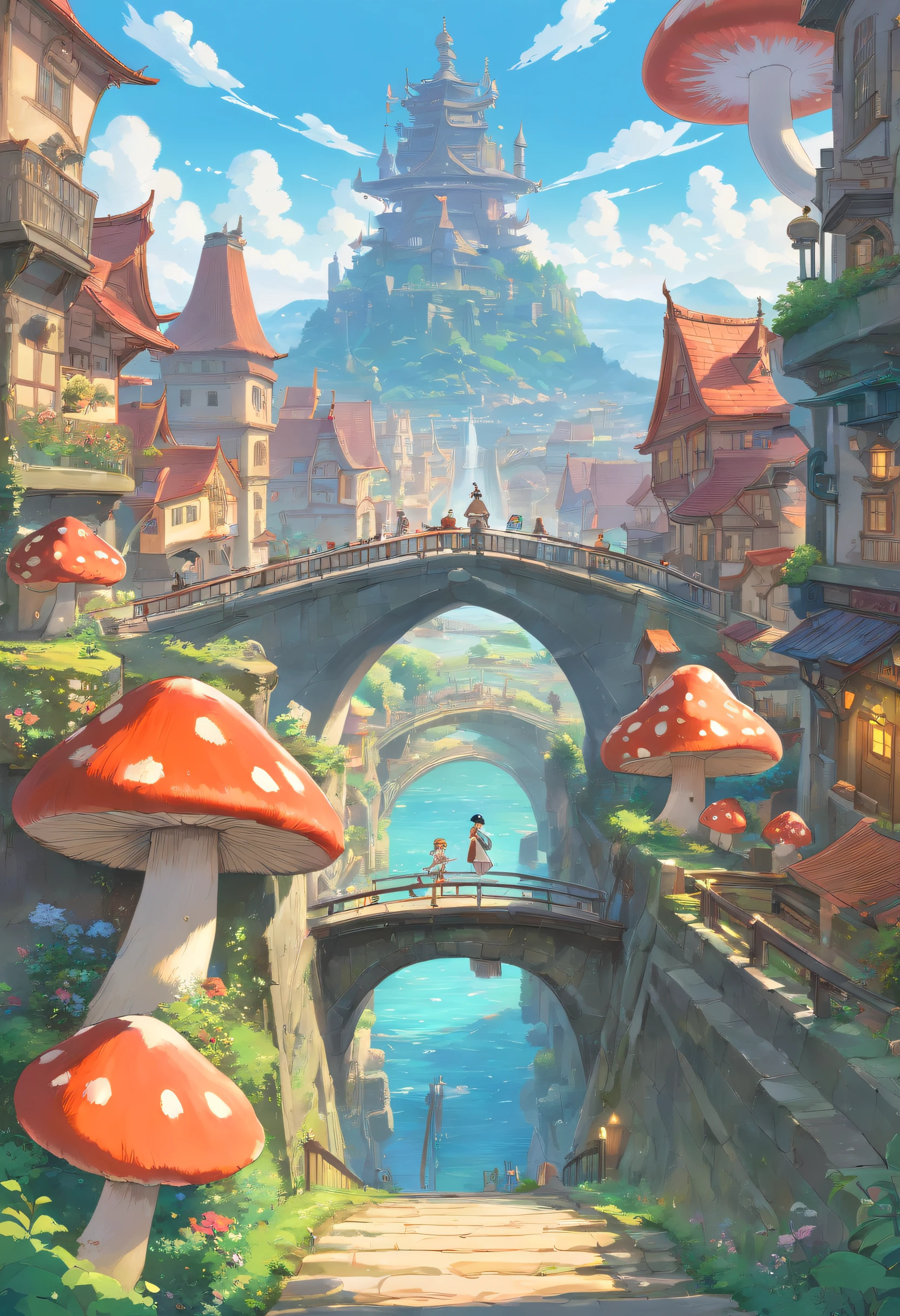 (masterpiece:1.2), extremely intricate details, ff14style, dynamic painting, depicting a bustling city with a majestic bridge spanning wide rivers, surrounded by towering giant mushrooms. The vast landscape bursts with vivid colors