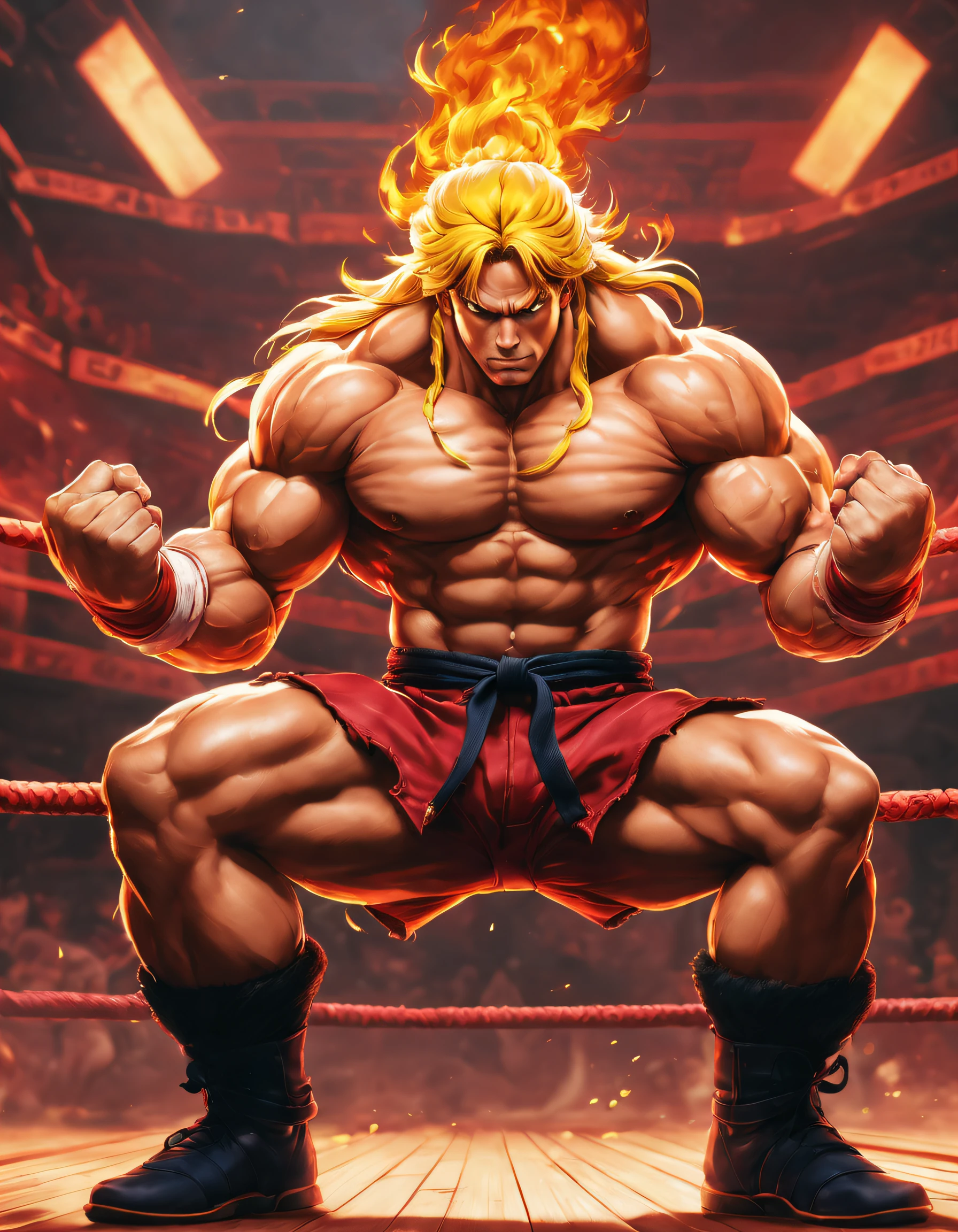 masterpiece,best quality,highres,Ken from street figher,bara,lifting fire ,naked,sitting ,erected big vein, fire around hands ,full of masculinity,manly,mature,handsome,huge,muscular,strong,in gym, street fighter, ken with long yellow hair \(sf\), nsfw