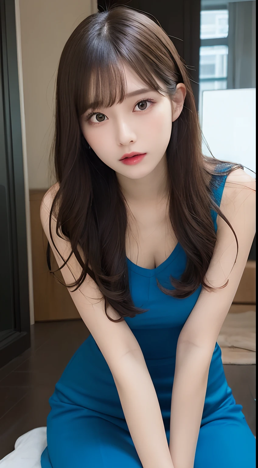 finely detail, hight resolution, hightquality、Perfect dynamic composition, Beautiful detailed eyes, Medium Hair, small tits、Natural Color Lip,Kamimei、Shibuya、20 years girl、1 persons、Transparent skin、Glowing hair、masutepiece, Best Quality, Illustration, Ultra-detailed, finely detail, hight resolution, 8K、The correct state of the human body、Crouch down、pretty pose,dishevled hair,beauty legs,Perfect beautiful face,KPOP Idol Face,Tight Dress,Facial expressions when you have sex and are excited