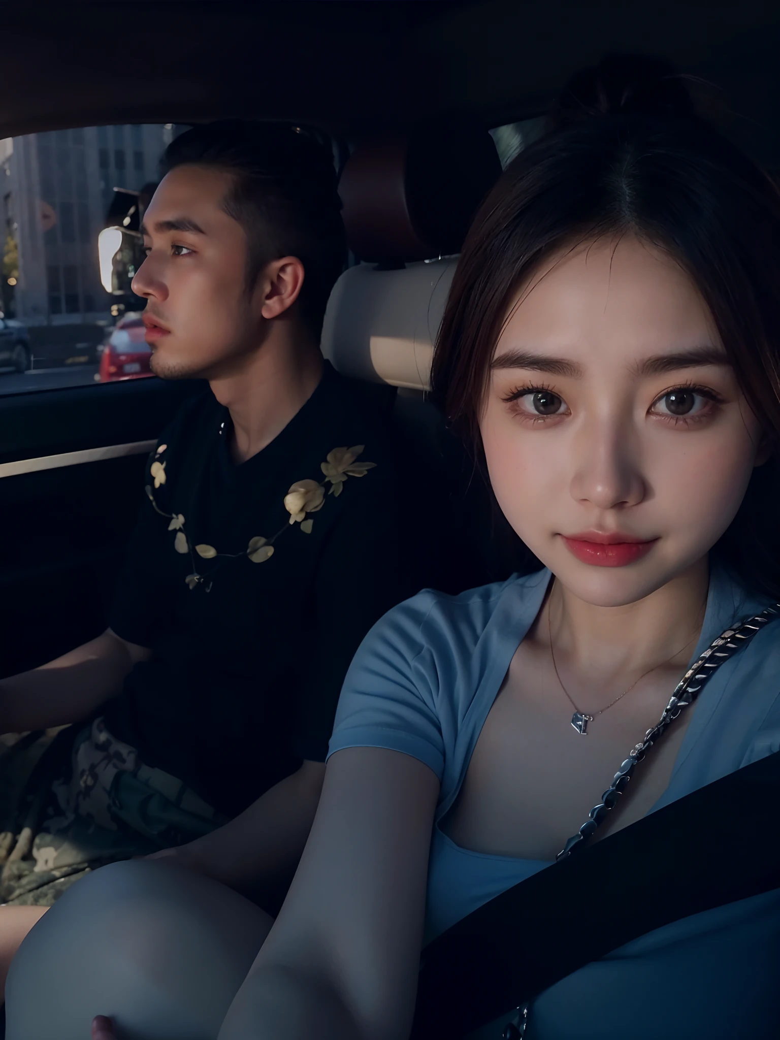 There was a woman sitting in the car，He was followed by a man, 8k selfie photograph, low quality photo, cinematic shot ar 9:16 -n 6 -g, shot on nikon z9, shot on gopro9, shot on leica sl2, taken with sony alpha 9, shot with iphone 1 0, taken on go pro hero8, low quality photo