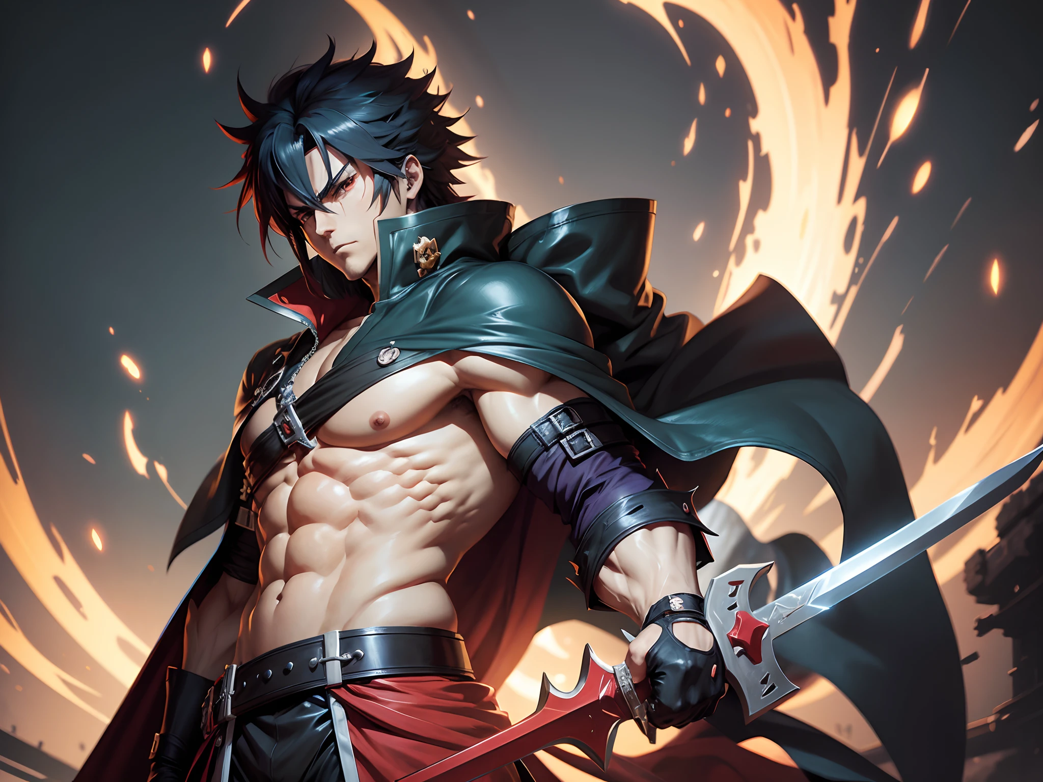 anime character with a sword and a cape on his head, guilty gear strive splash art, an epic anime of a energy man, fighting game character, guilty gear art style, anime epic artwork, joseph joestar, badass anime 8 k, guilty gear art direction, character from king of fighters, best anime 4k konachan wallpaper, guilty gear strive graphics