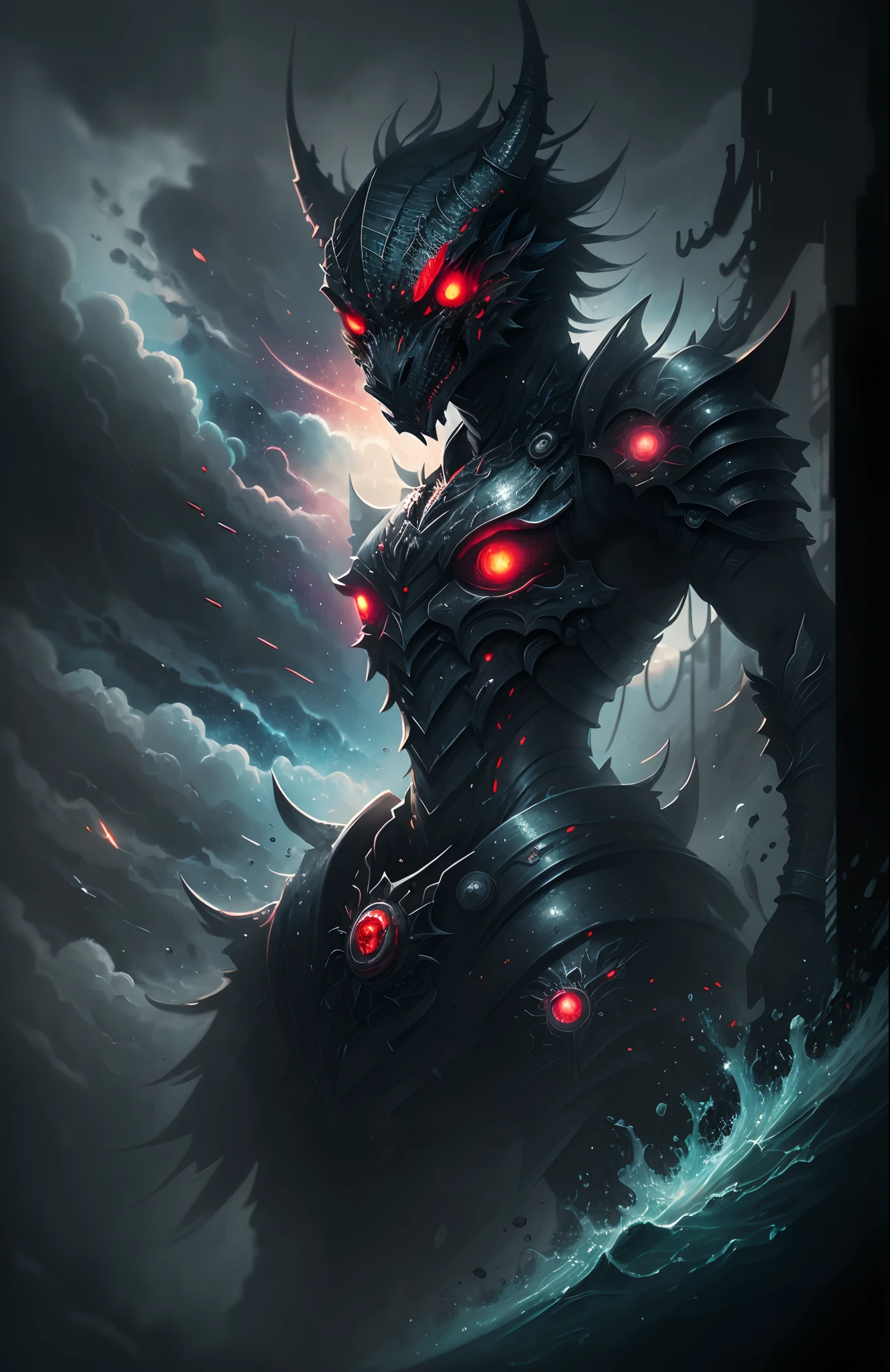 a scary future red eyed black dragon. fly under the heavy clouds,metalic cyberpunk armor, style,in dark milky way ,in jupiter garden,cartoon water painting,in the background tags and graffitis on ,in style by MANGA Yumihiko Amano and wacky,bizzare,Tetsuo HARA,kenshiromixed all media, detailed, elegant, intricate, 4 k, scary painting style 4 --auto --s2