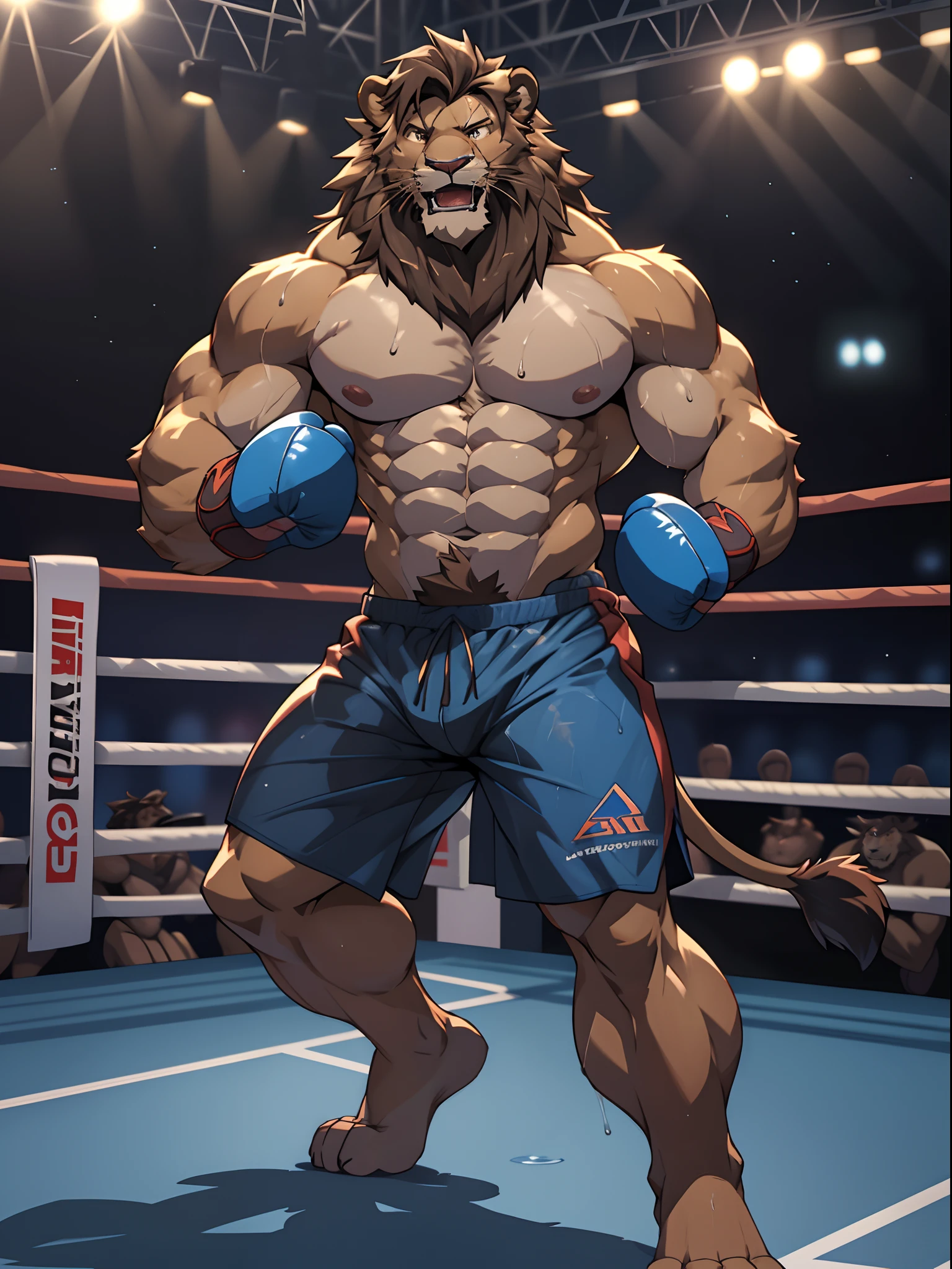 Head of Lora:simba,  4k, high resolution, best quality, posted on e621, solo, anthro body, male lion, adult, masculine, slim:1.2, correct anatomy, (boxing ring background, gym background), (blurry background, out-of-focus background:1.2), (by wfa:1.0), (by takemoto arashi:1.0), (by Taran Fiddler:0.5), sexy, (cel shaded, cartoony shading:1.2), black lineart, black outline, flat coloring, (strong shadows, dark shadows:1.2), (blue shorts (bulge:0.6), topless, boxing gloves), sexy shadows, lion tail, slim posture, open mouth, sticking out tongue, open:1 eyes, detailed eyes, tilted head, exhausted, wet sweat:1.2,  fallen, (lies on back):1.8, lies on ropes, spreaded legs, spreaded arms