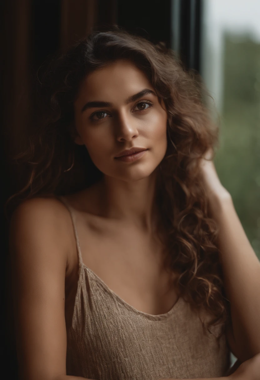 arafed woman with slip dress, brown eyes, portrait Léanne Ansar, long curly messy brown hair and large eyes, selfie of a young woman, bedroom eyes, MARTA SIERRA, without makeup, natural makeup, face with artgram, subtle makeup, stunning full body shot, in a restaurant, eating