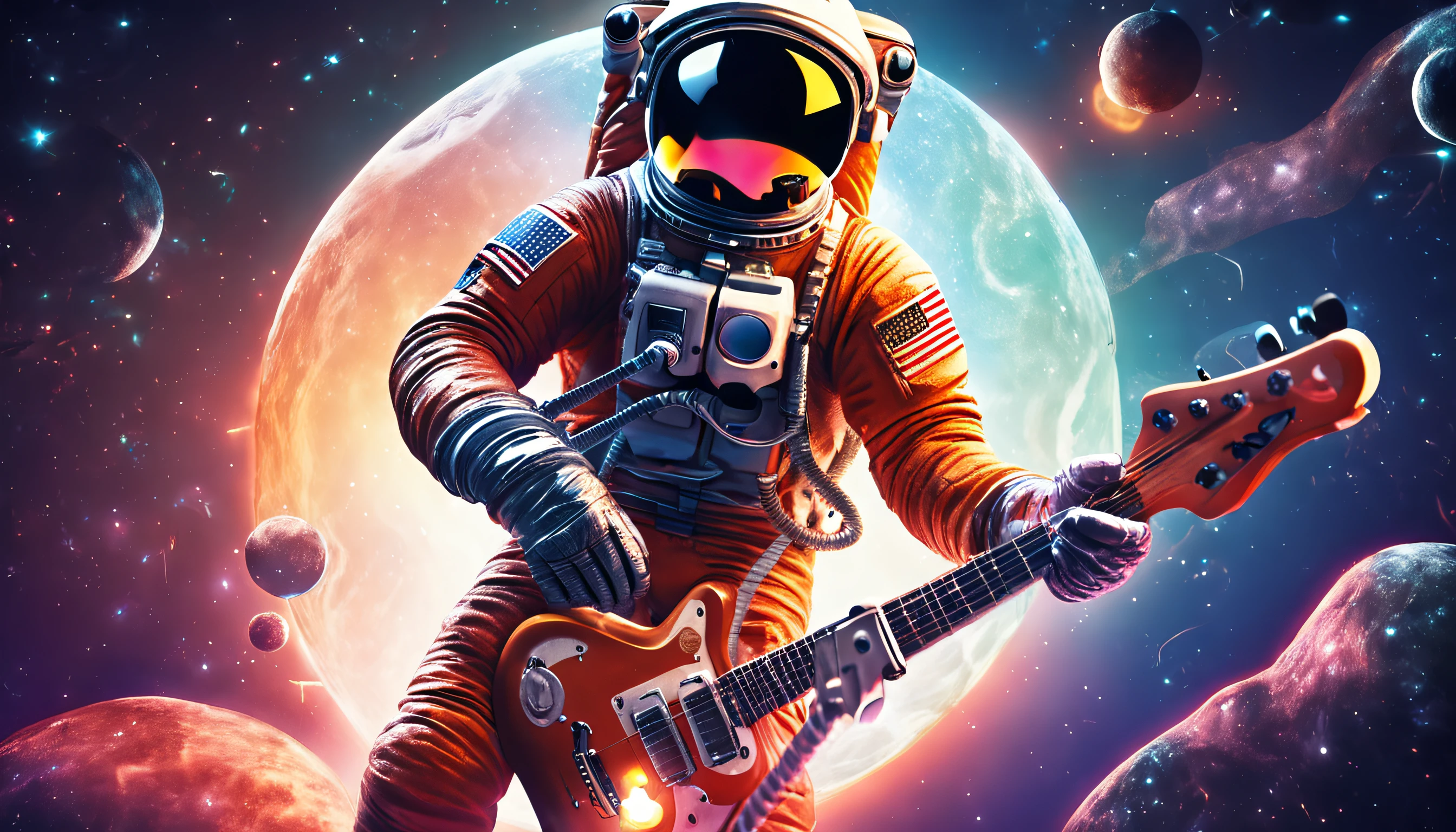 (Detailed description) Astronaut in sunglasses playing an electric guitar of model Les Paul