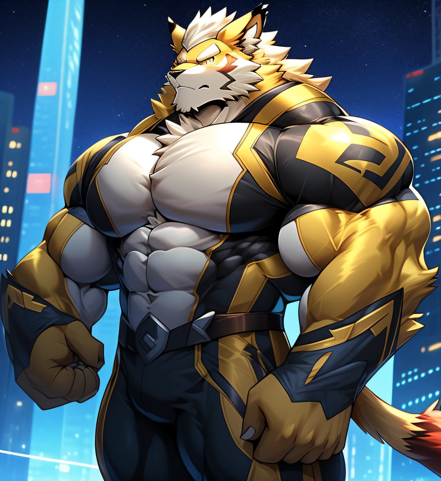 Antecedentes de la ciudad, Rascacielos, Futuristic city, Noche, Estrellas, Luces nocturnas, Leomon Gigachad, super hero, hero, bodysuit, massive muscles, pectorales enormes, ((pectorales masivos)) ((pectorales enormes)) ABS cincelados, pectorales enormes, Exaggeratedly huge muscles. A furry hero whose presence inspires trust and respect. (((His hero costume is black and gold.))) (((derriere))) muslos musculosos enormes firmes, nalgas redondas y trasero redondo con la espalda, Lion's tail, Cola larga, enorme ((huge buttocks))