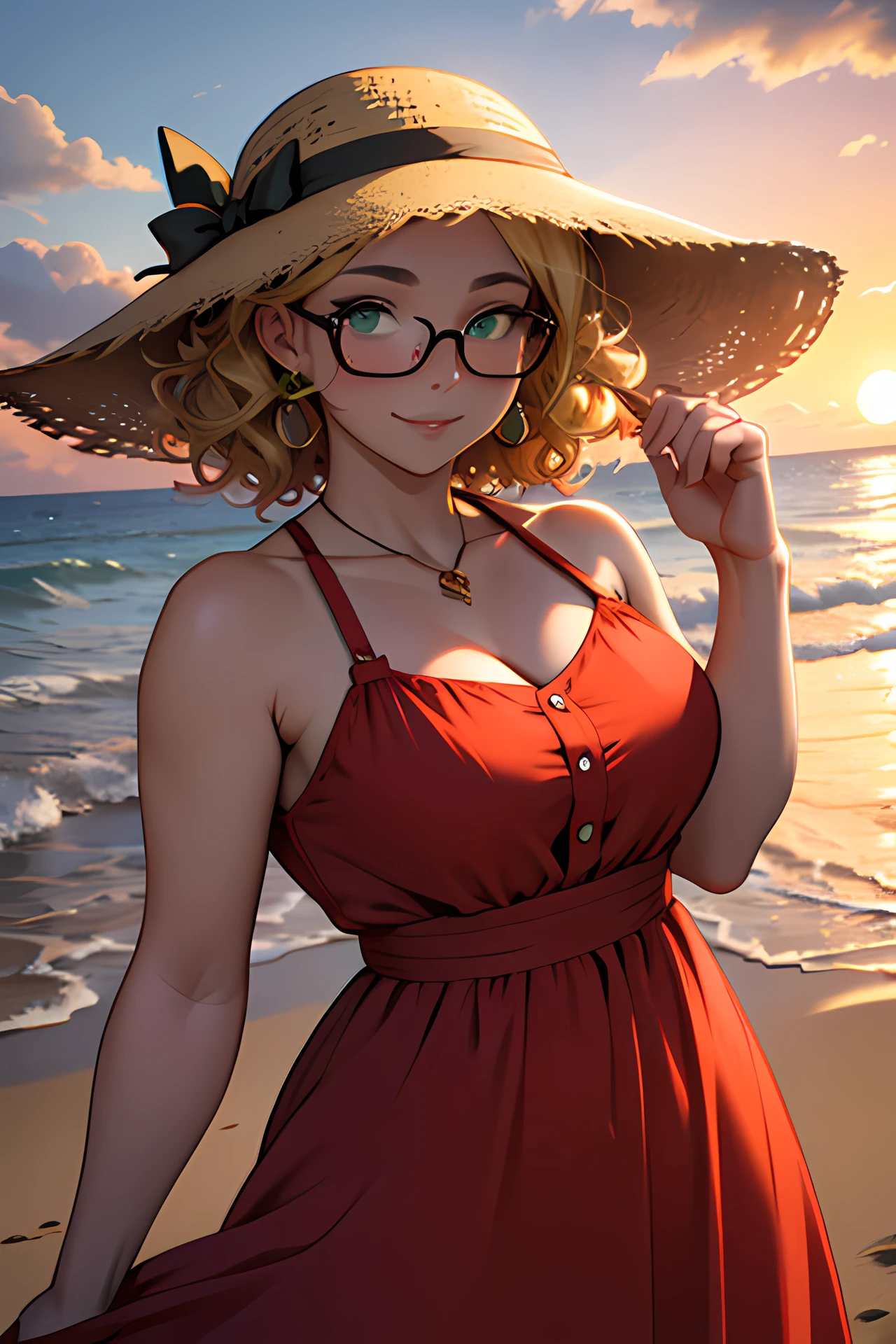 Chubby Girl, Curly hair, Blond hair, Short hair, Red dress, sunset, Glasses, Green eyes, Sun hat, Long Dress,