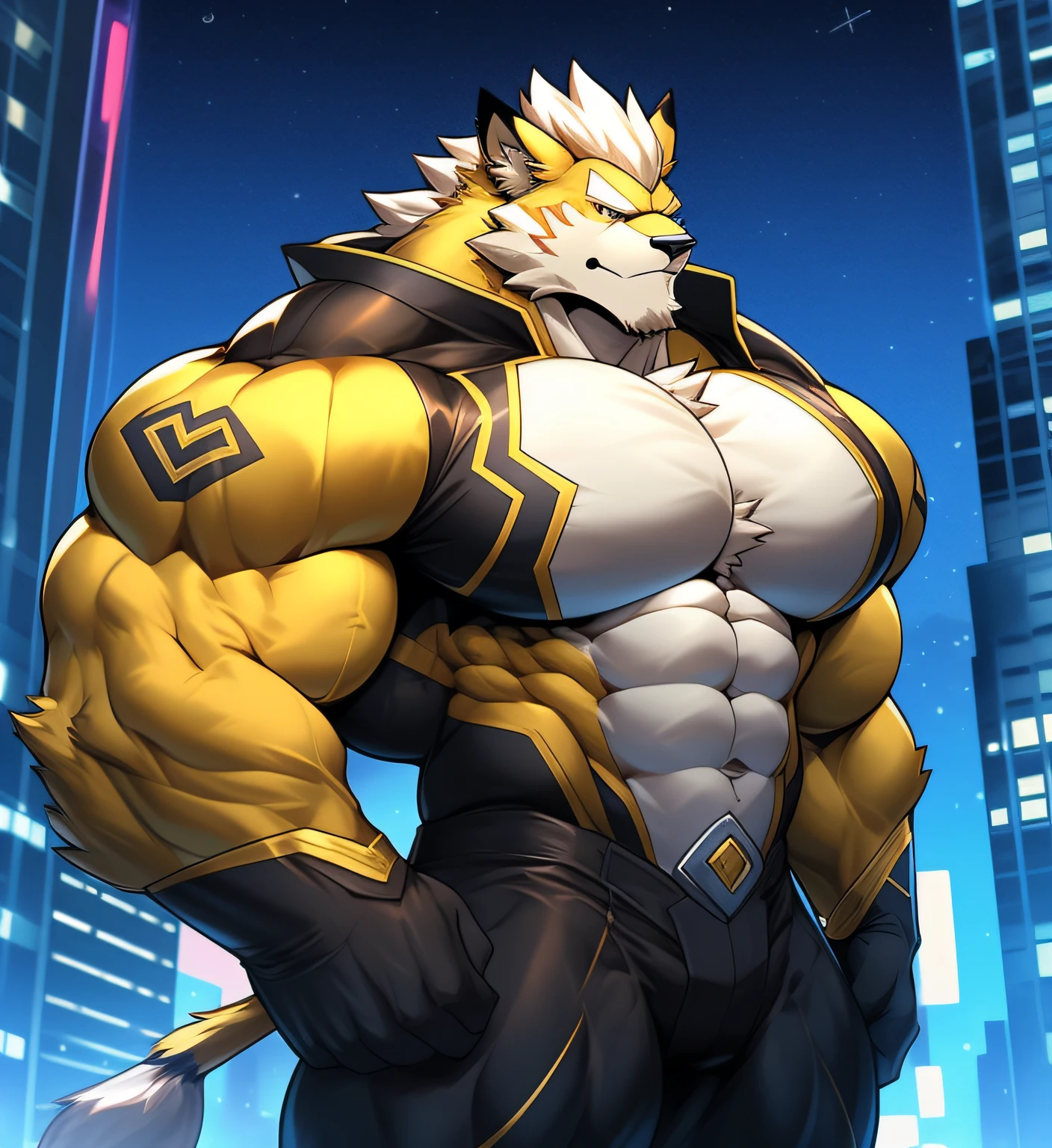 City background, skyscraper, futuristic city, night, stars, night lights, Leomon Gigachad, super hero, hero, bodysuit, massive muscles, huge pecs, ((massive pectorals)) ((huge pectorals)) chiseled abs, huge pectorals, exaggeratedly huge muscles. A furry hero whose presence inspires trust and respect. (((His hero costume is black and golden.)))