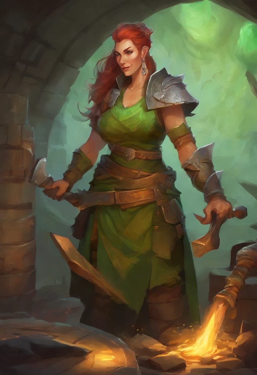 female blacksmith, muscular, female dnd orc, green skin (green skin), 70 year old grandma, mohawk hair (mohawk hair), forge, sweaty, big tusks teeth, Blacksmith Apron (Blacksmith Apron), small boobs