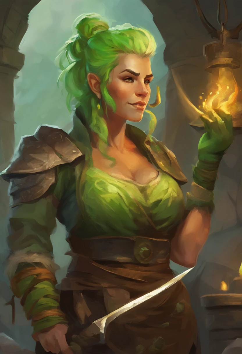 female blacksmith, muscular, female dnd orc, green skin (green skin), 70 year old grandma, mohawk hair (mohawk hair), forge, sweaty, big tusks teeth, Blacksmith Apron (Blacksmith Apron), small boobs