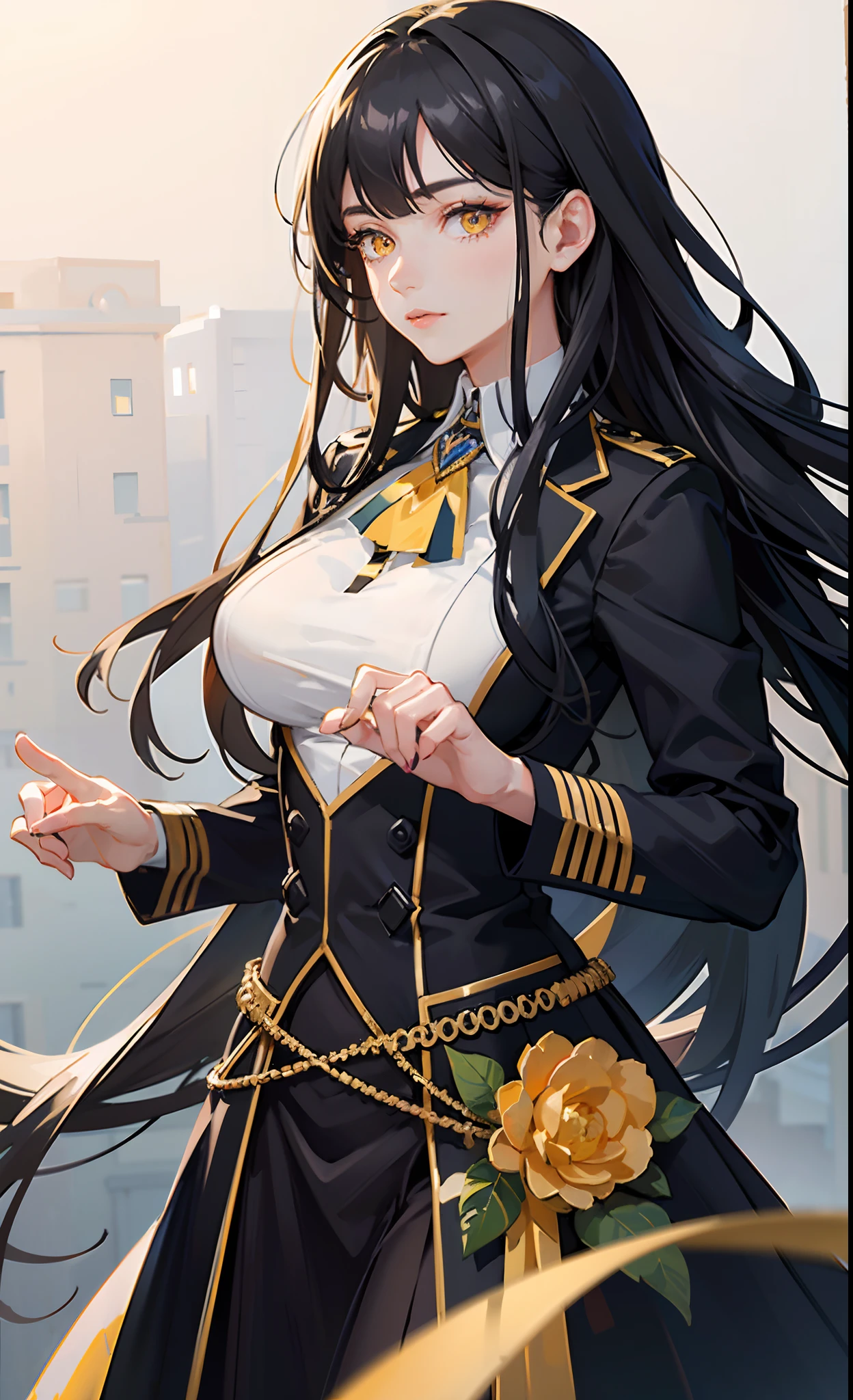 masterpiece, Best quality, (black hair: 1.9), (yellow eyes: 1.7), (Black military uniform: 1.4), Long hair, (modern city: 1.5), Girl, ((high detail skin, visible pores)), (perfect figure), a beautiful girl, Side light, (fine and beautiful eyes: 1.2), (masterpiece), portrait, anatomically correct, 3D face, Sweet skin, Beautiful face, neck, extremely detailed eyes, ( Perfect face), Very delicate and beautiful hair, Dreamy, Professional lighting, Solo focus, beautiful hands, Beautiful fingers, Detailed features of the fingers, Detailed features of the clothes, Detailed features of the hair, detailed facial features, (big breasts: 1.3)