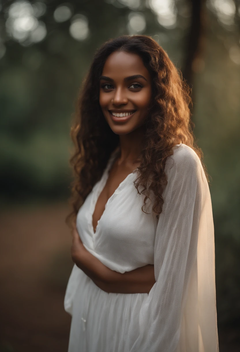 RAW, analog, Nikon Z 85mm,((best quality)), ((masterpiece)), ((realistic)),vintage image, gorgeous Ethiopian woman, long hair, 22 year old, posing in the rain wearing w white linen dress with a lowcut neck, petite, smile with teeth showing, ((medium breasts)), intricate details, highly detailed, sharp focus, professional, 4k, god rays, stunning brown eyes, petite, highres, detailed facial features, high detail, sharp focus, smooth, extremely detailed, photo_\(ultra\), photorealistic, realistic, post-processing, max detail, roughness, real life, ultra realistic, photorealism, 8k uhd, SEMI-SILHOUETTE light, beautiful hair, full body