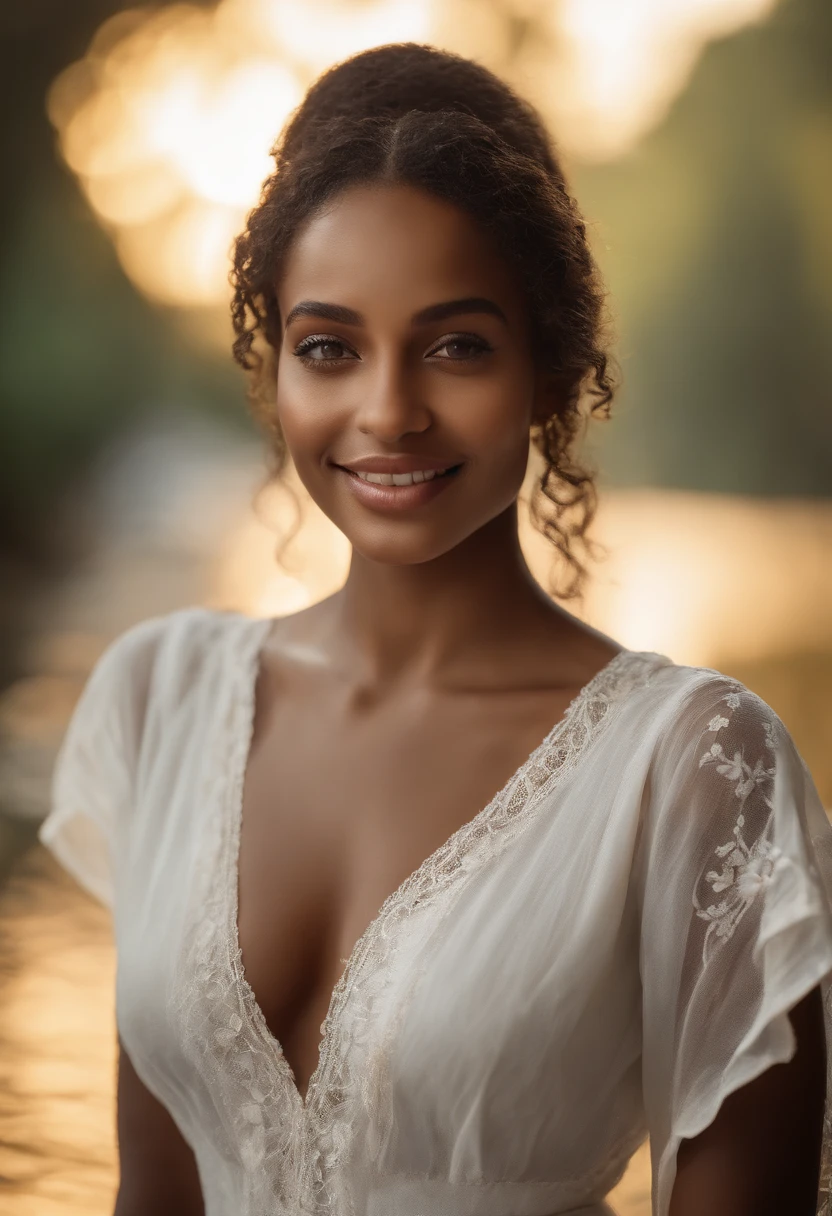 RAW, analog, Nikon Z 85mm,((best quality)), ((masterpiece)), ((realistic)),vintage image, gorgeous Ethiopian woman, long hair, 22 year old, posing in the rain wearing w white linen dress with a lowcut neck, petite, smile with teeth showing, ((medium breasts)), intricate details, highly detailed, sharp focus, professional, 4k, god rays, stunning brown eyes, petite, highres, detailed facial features, high detail, sharp focus, smooth, extremely detailed, photo_\(ultra\), photorealistic, realistic, post-processing, max detail, roughness, real life, ultra realistic, photorealism, 8k uhd, SEMI-SILHOUETTE light, beautiful hair, full body