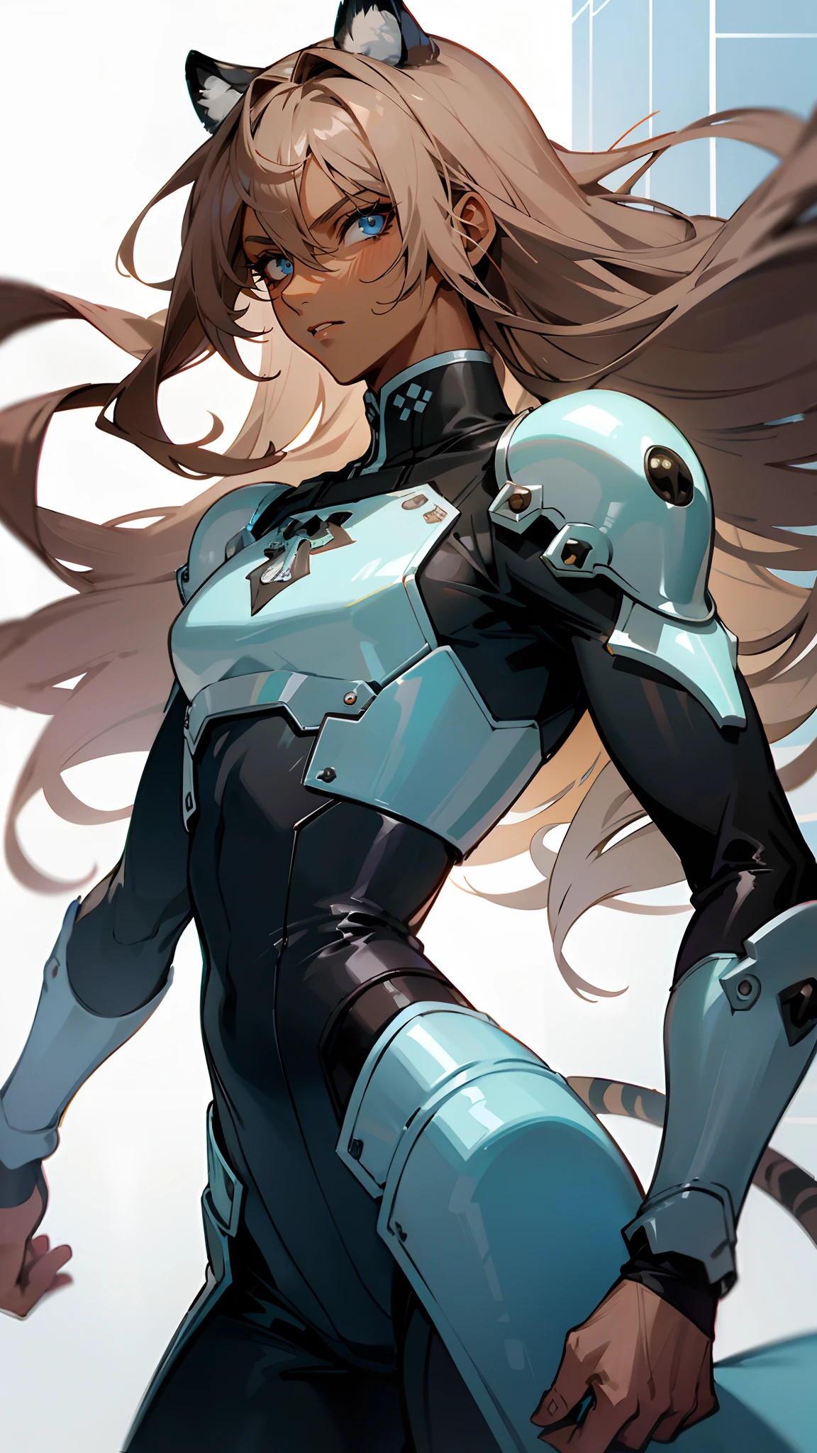 (masterpiece, best quality )detailed, 1Character ,  pastel washed out colors , cell shade , soft, muted shades ,gentle colors , blue archive art style

Battle:
Wearing a mix of sword art online and futuristic style clothes , ((Beautiful man:1)) , ((Dark skin:1.5)) , ((long hair)) , ((light brown hair)) , ((male:1.4)) , full lips , light blue eyes ,((has tiger ears:1)) ,big hair , voluminous hair , ((Skinny build)) ,effeminate , full long eyelashes , Bishounen, possess delicate and androgynous features, age 33