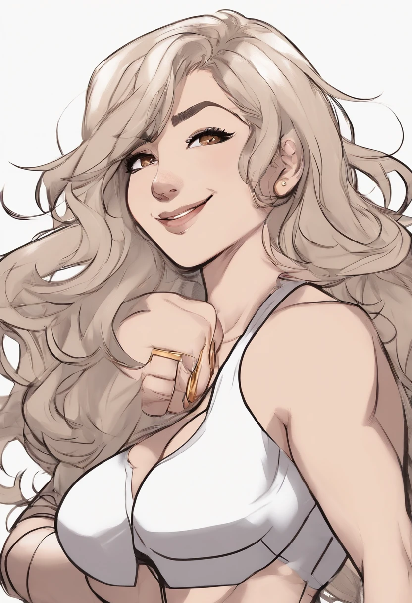 curvy midsection, solo, 1 girl, female wrestler, ultra toned arms, smile, ), (detailed titration screen, upper body only, anime style: 1.8, anime drawing, ultra detailed face, ultra detailed body, 4k, Sumergai Lee Noriega, (standing), best quality, anime style, hires, highest definition, digital blending, bold drawing lines, ((wwe diva), (location: wrestling arena, crowds watching), ( pro female wrestler, slim body, (little biceps), , off-shoulders, closed fists, (very curvy: 2.8)), ((topless, nipples , jeans, white gloves, collar, hand protector, (champion belt on bare belly))), (pale skin, big breasts, widely open mouth, teeth), (big eyes, brown eyes, shiny eyes), (leaning forward), (brown hair, loose hair, curly hair, wavy hair, long hair, missy hair), 27 years old,