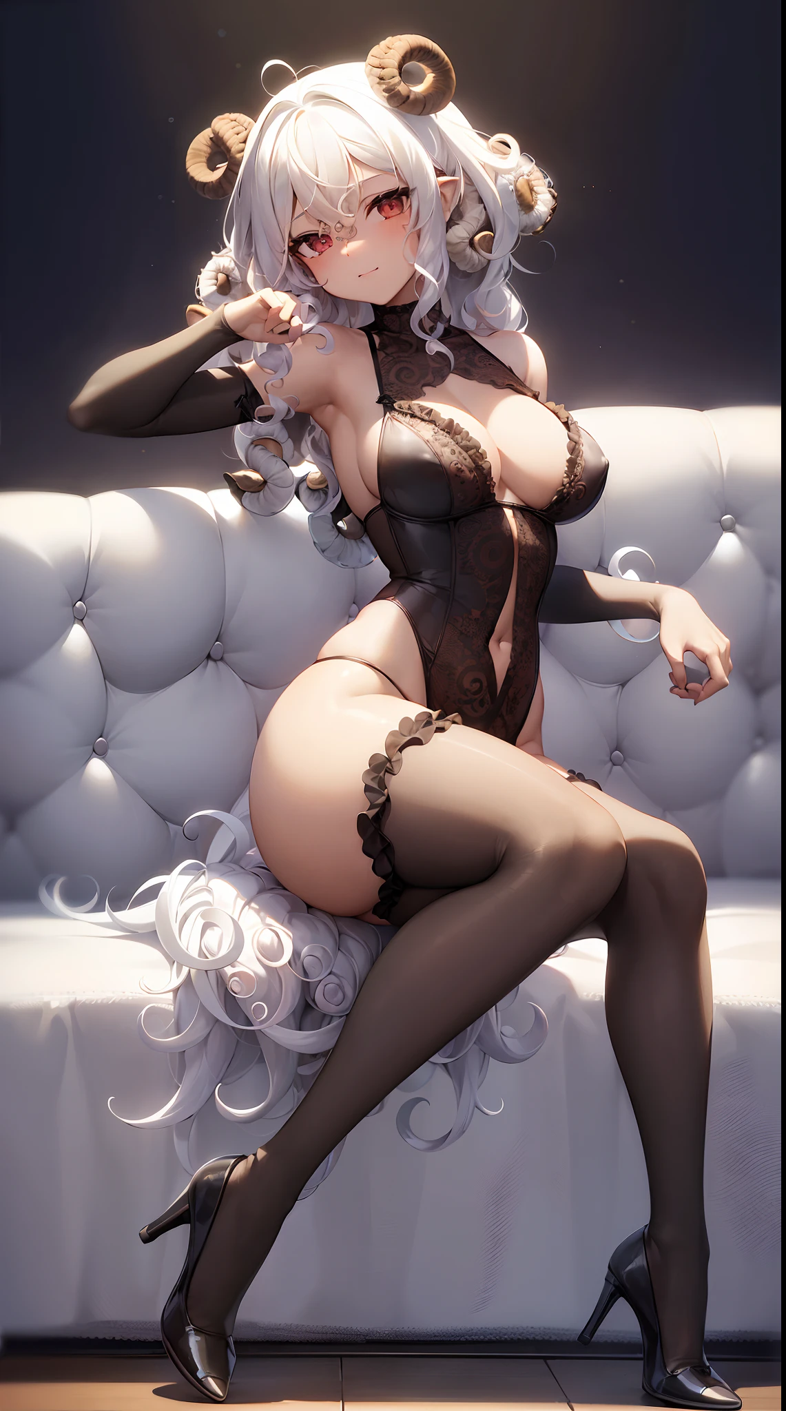 best quality, masterpiece, detailed, solo, 1 anthro lamb, hooves:1.8, brown furry skin, seductive lingerie, translucent lingerie:1.6, full body, lewd face, NSFW, striptease, (dark lingerie:1.4), high tights, thin hips:1.4, medium breasts, long legs, black stockings, full body:1.8, seductive expression, perfect and beautiful face, perfect anatomy, perfect and cute face, (fractal art:1.4), (strip club, couch), (curly white wool hair:1.8)