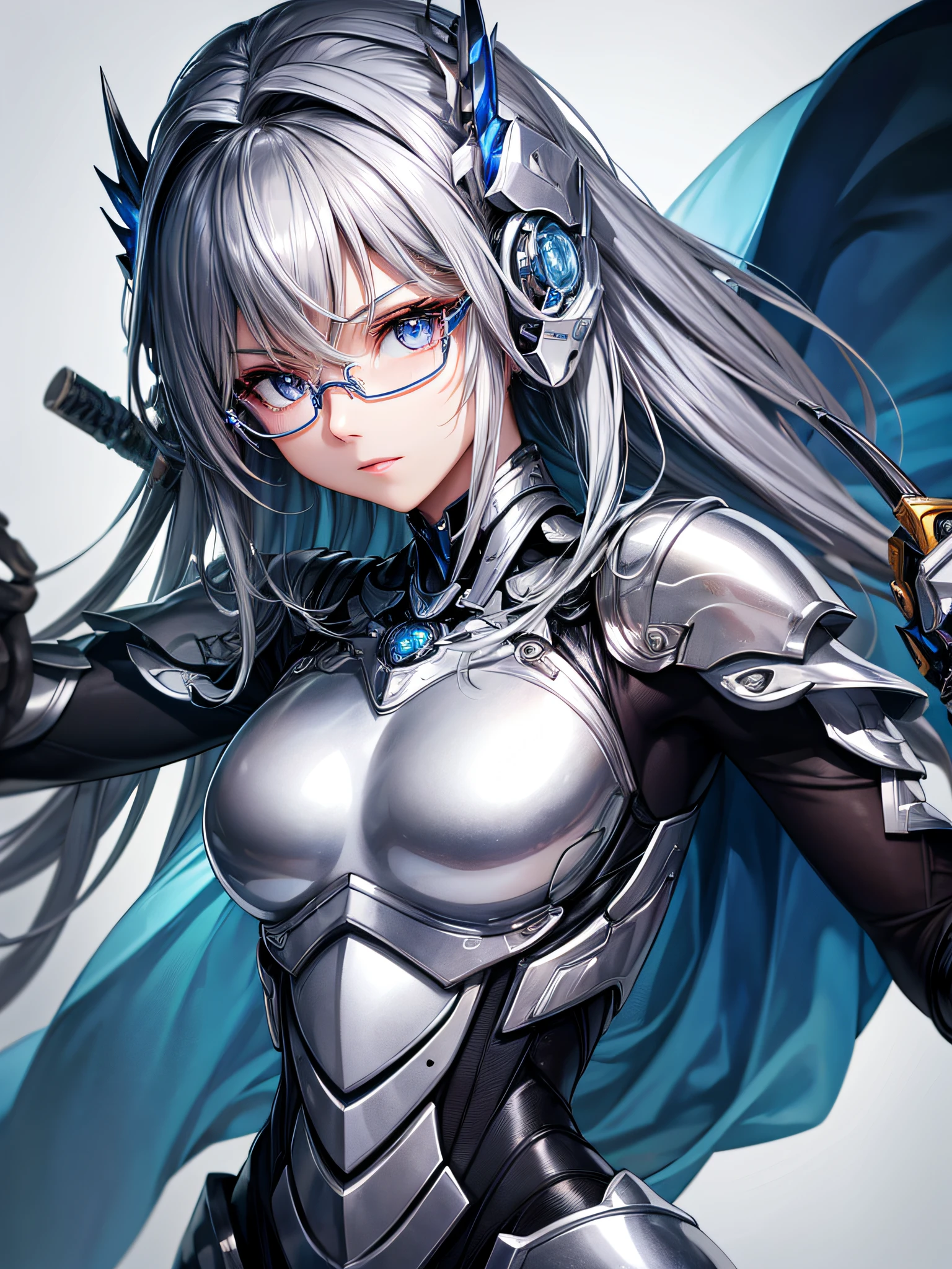 5 8K UHD、Silver metallic body mechanical beauty with glasses holding weapon、Shiny silver robot with hidden skin、Upper body only