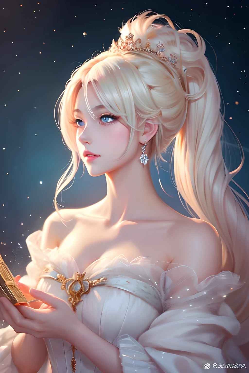 there is a woman in a white dress holding a Music Box, artwork in the style of guweiz, guweiz on pixiv artstation, guweiz on artstation pixiv, guweiz, fantasy art style, guweiz masterpiece, beautiful and elegant queen, beautiful character painting, detailed digital anime art, blonde - haired princess, White hair, sky blue eyes, pink lips