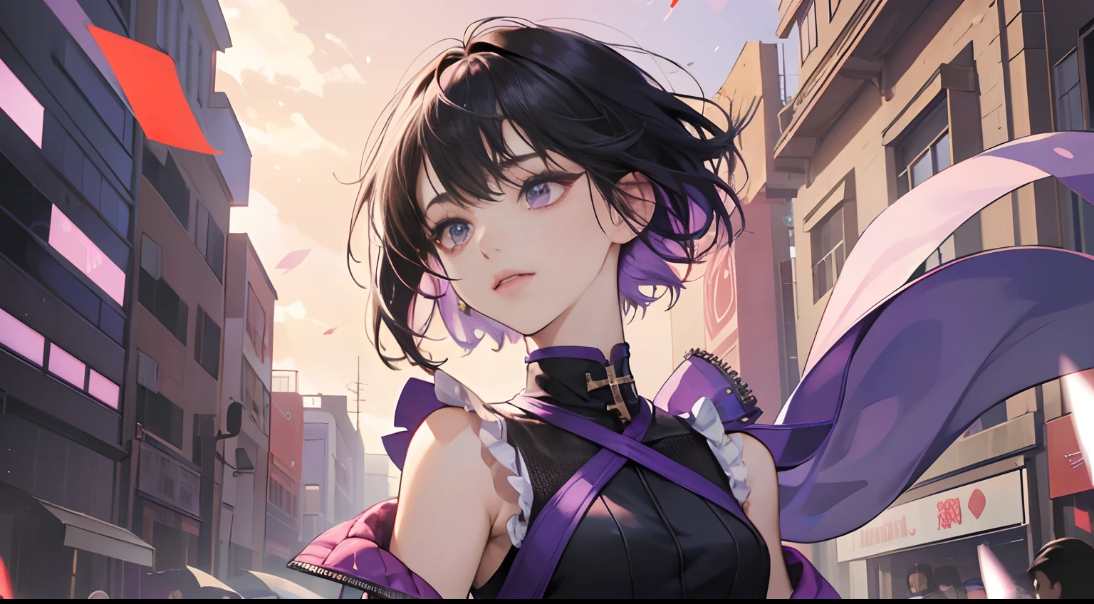 (Best Quality,4K,High resolution), femele,Purple mesh on short black hair、The hair is disheveled short-haired berry shorthair, sharp eye,Purple eyes、eye liner、 deadpan, Purple sleeveless jacket with intricate décor,Navel Ejection、cross belt,Tight leather pants、Comical appearance,noisy,colorful backdrop、Stand like a hero、Long purple stalls were wrapped around their necks by the wind、comic strip,animesque,Comical illustration,busy,Deformed cute illustration,Compact size、Front Camera Angle、Facial expression close-up、Facial do-up