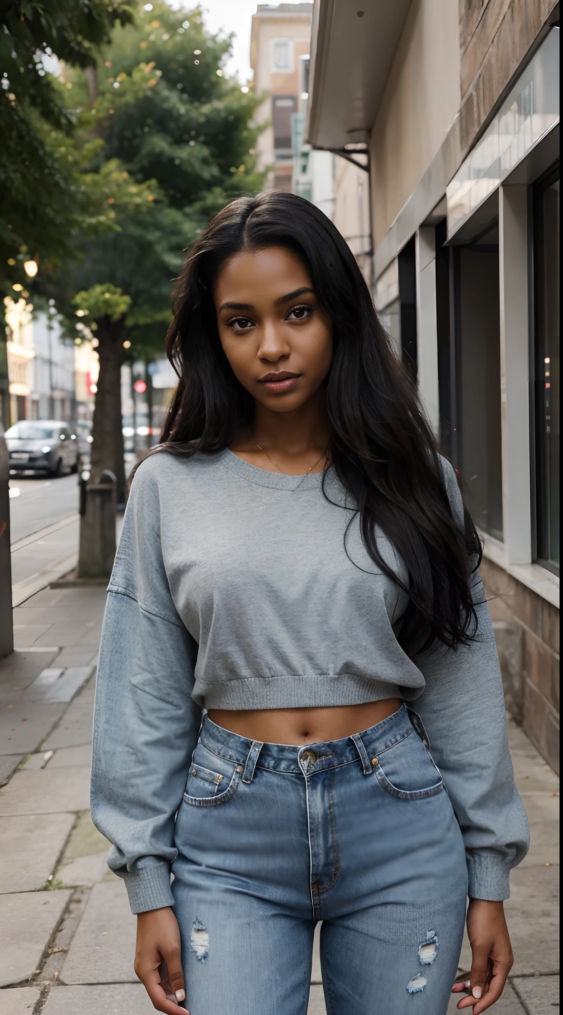 Hyper realistic illustration of a dark-skinned mixed-race woman. The woman should be dressed in a nice red sweater and dark blue jeans. Be sure to capture every detail of her face, of his hairstyle and clothes, by showcasing her beauty without any nudity. Use realistic skin tones and color shades to make the illustration as accurate as a photograph. Elle marche dans la rue.