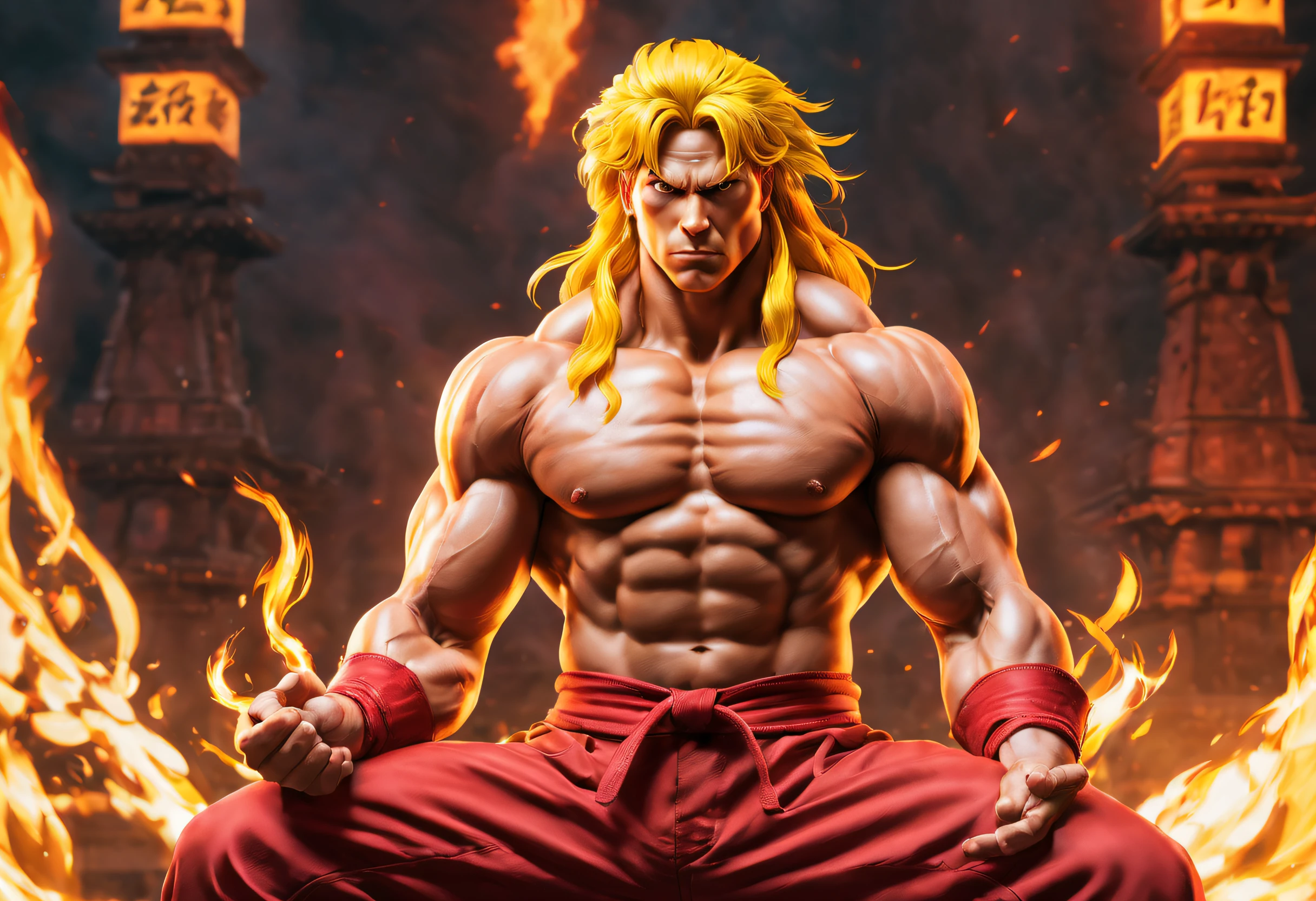 masterpiece,best quality,highres,Ken from street figher, bara, kick into fire ,naked,sitting ,erected big vein, fire aura around hands ,full of masculinity,manly,mature,handsome,huge,muscular,strong,in crimson gym short, street fighter, ken with long yellow hair \(sf\), nsfw