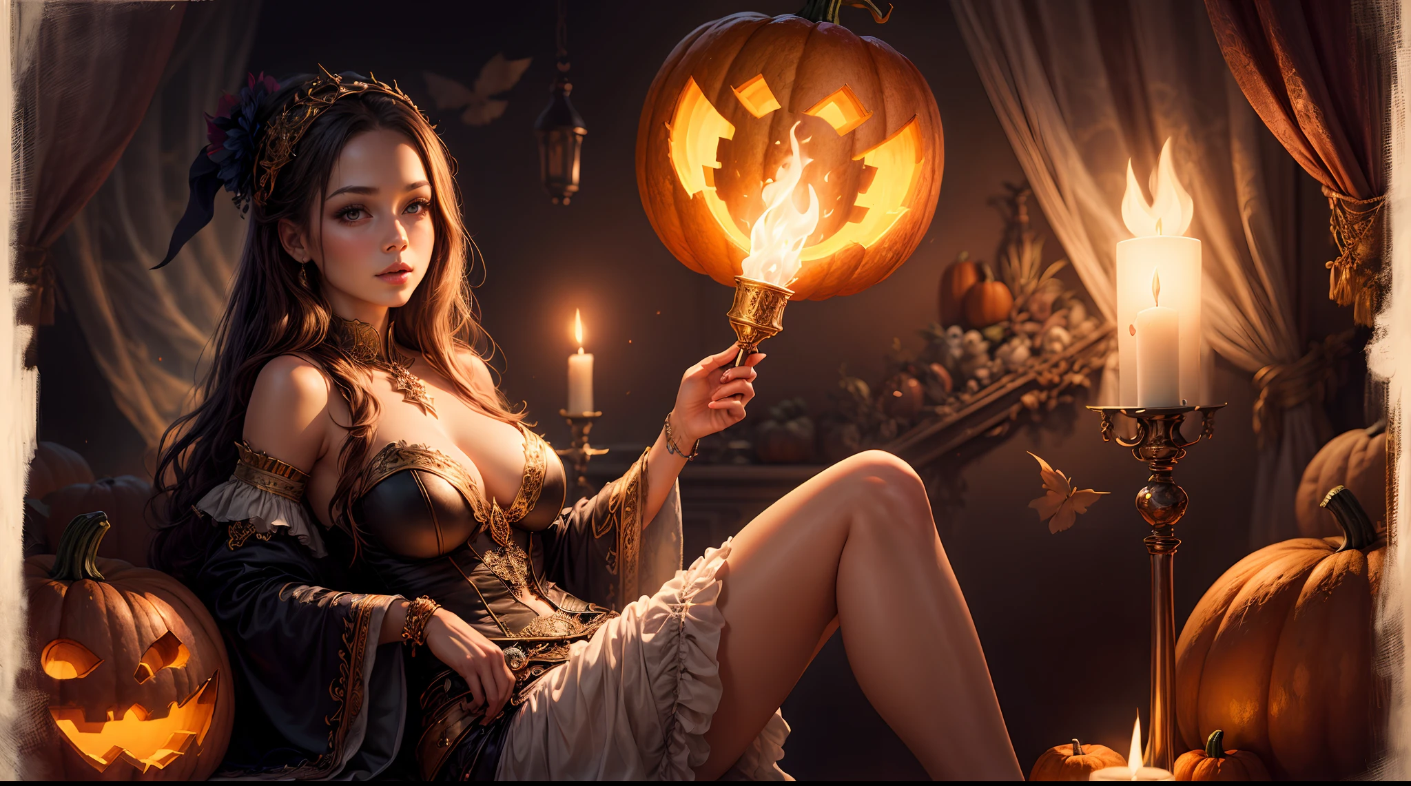 "A whimsical painting of a girl dressed as a sorceress, whimsically conjuring magic with a pumpkin and torch. Fantasy, vibrant colors, artistic, spellbinding, whimsical."