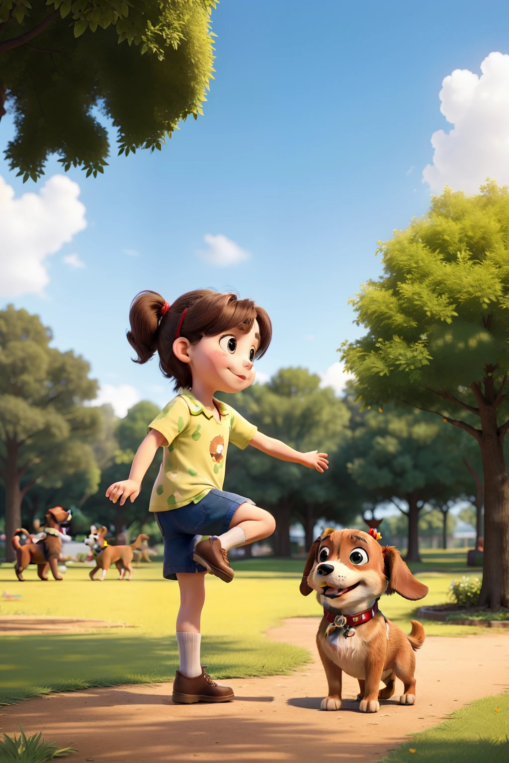 masterpiece, best quality, a midget young girl Is kicking a dog, at the park, blue sky, Green trees